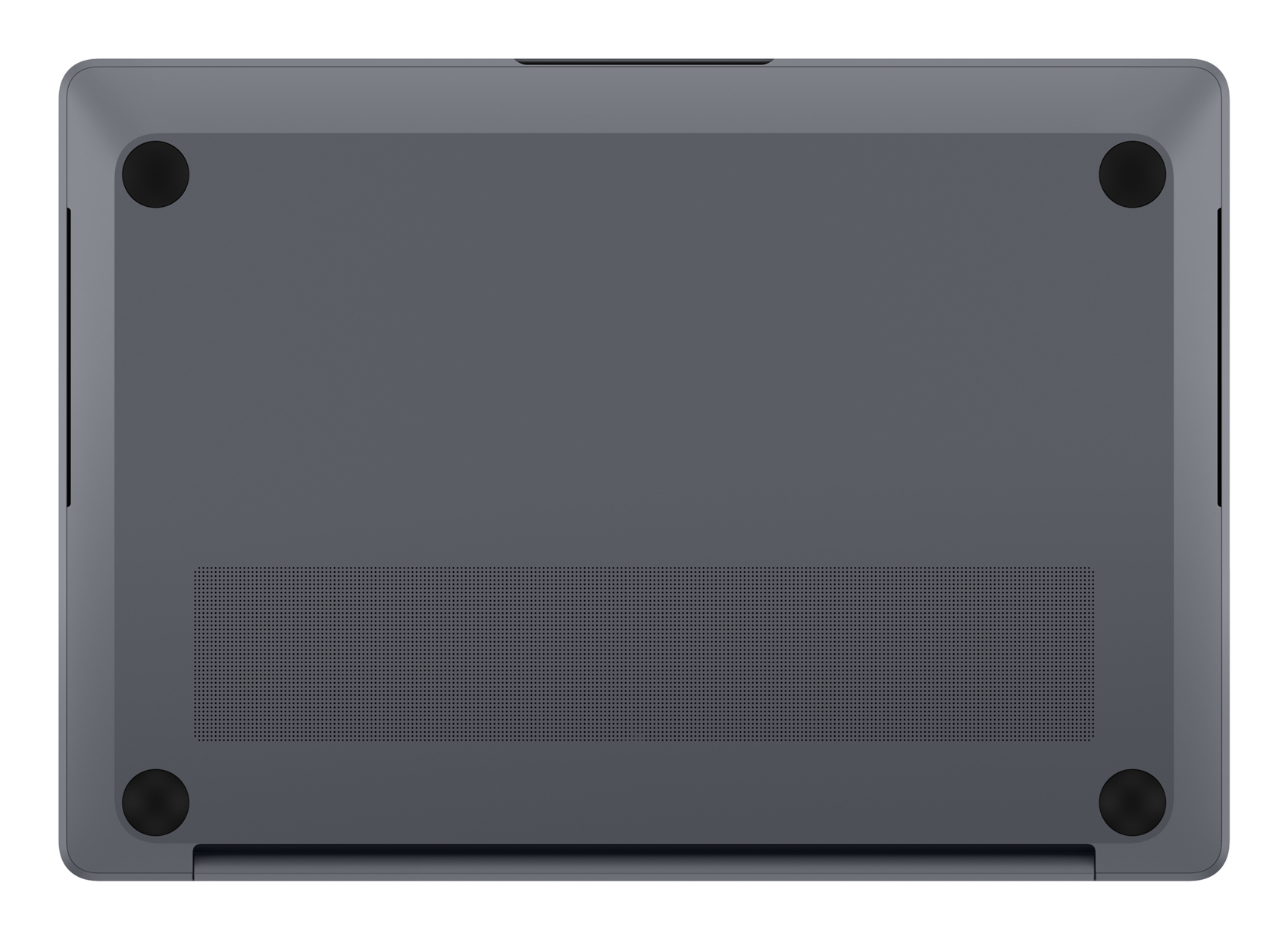 Parte inferiore di un laptop grigio scuro con griglia di ventilazione e quattro piedini in gomma.