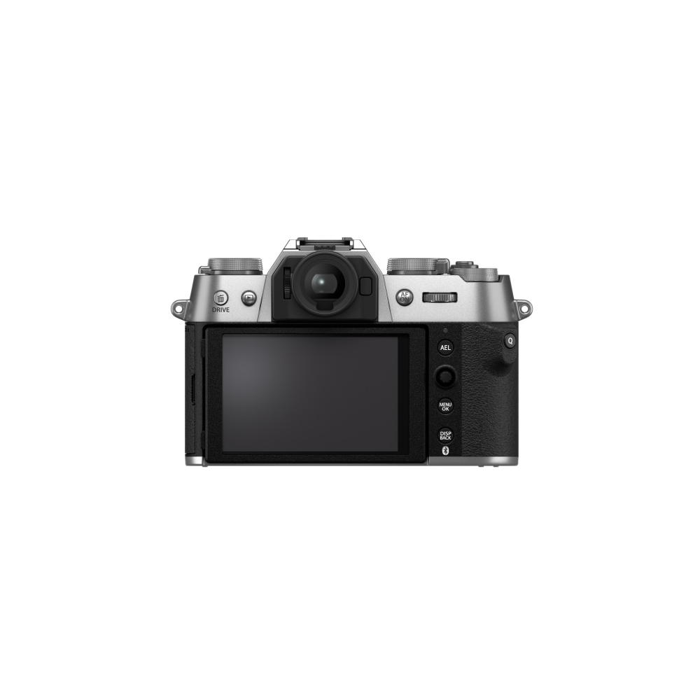 Achterkant van een zilverkleurige en zwarte digitale camera met LCD-scherm en knoppen.