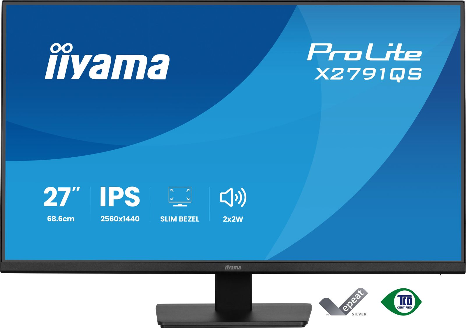 Zwarte Iiyama ProLite X2791QS monitor met 27" IPS-scherm, slanke rand en 2x2W luidsprekers.