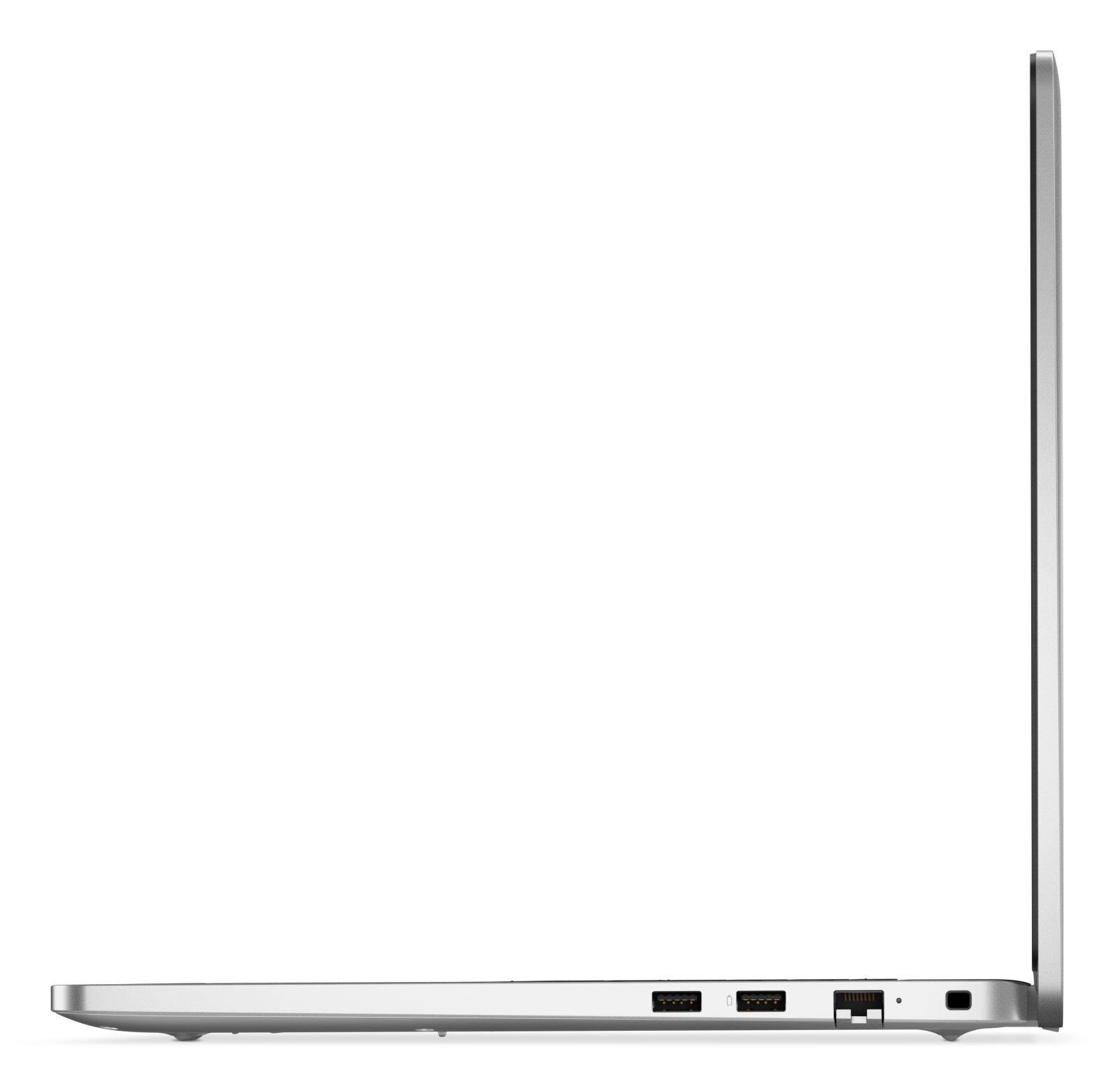Silberner Laptop im Seitenprofil mit sichtbaren Anschlüssen.