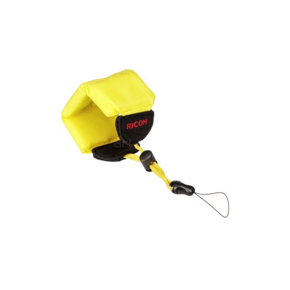 Een gele RICOH camerariem met zwarte klittenband en lus.