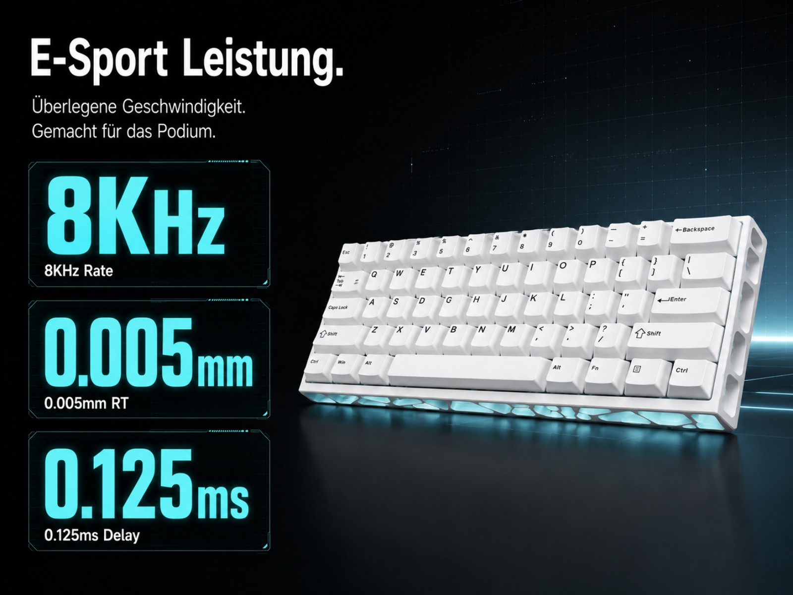 Weiße Tastatur mit blauer Beleuchtung, daneben 8KHz, 0,005mm und 0,125ms.