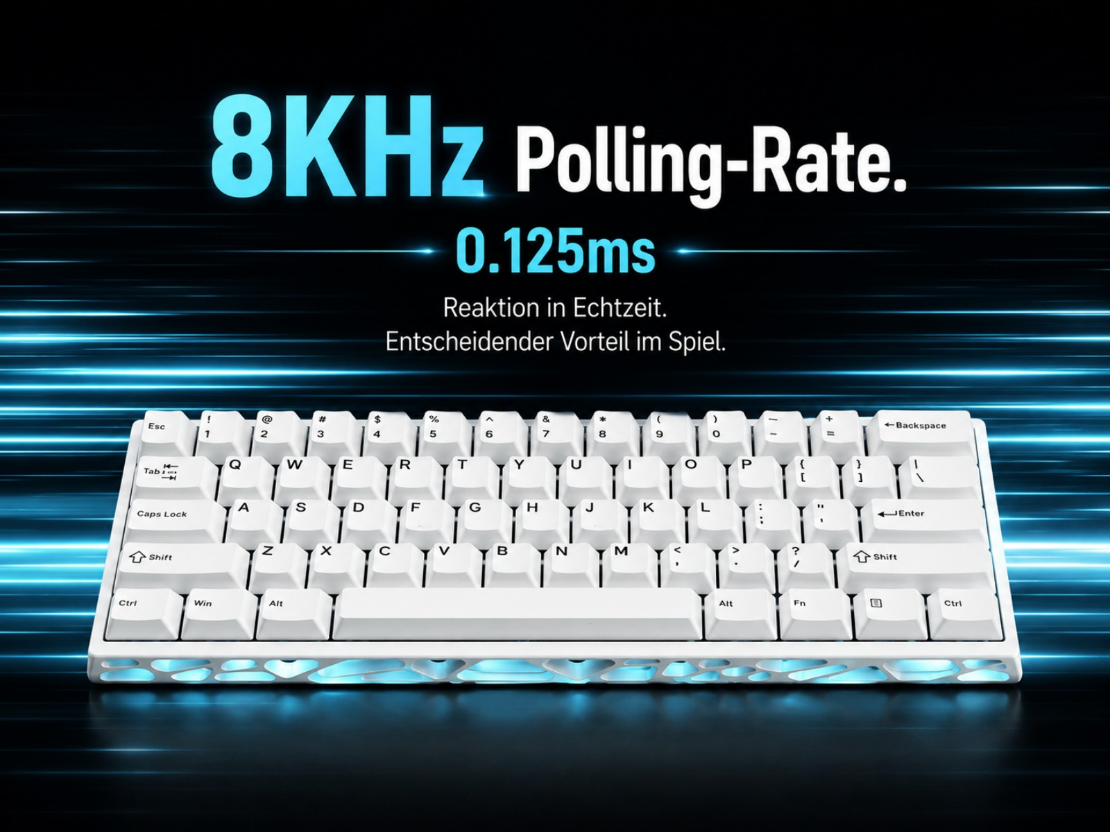 Weiße Gaming-Tastatur mit 8KHz Polling-Rate und blauer Beleuchtung.