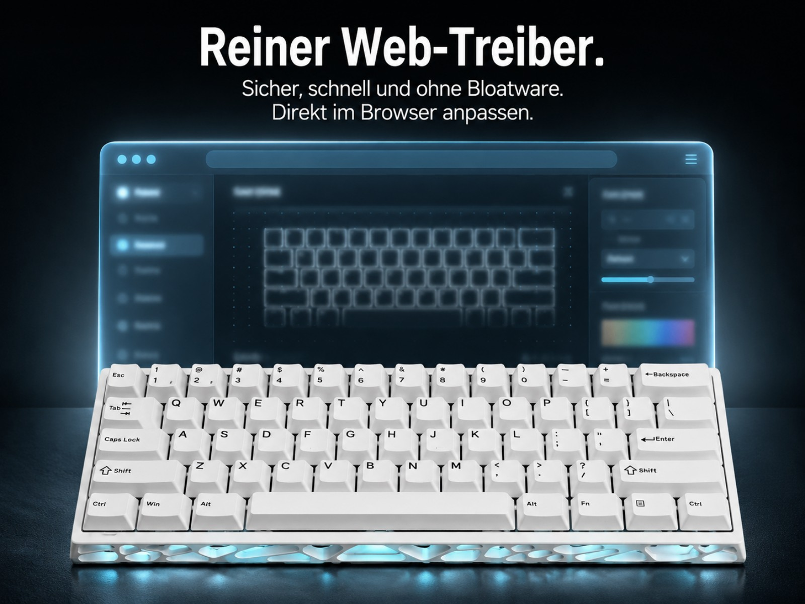 Eine weiße Tastatur vor einem blauen Interface, das eine Tastaturansicht zeigt.