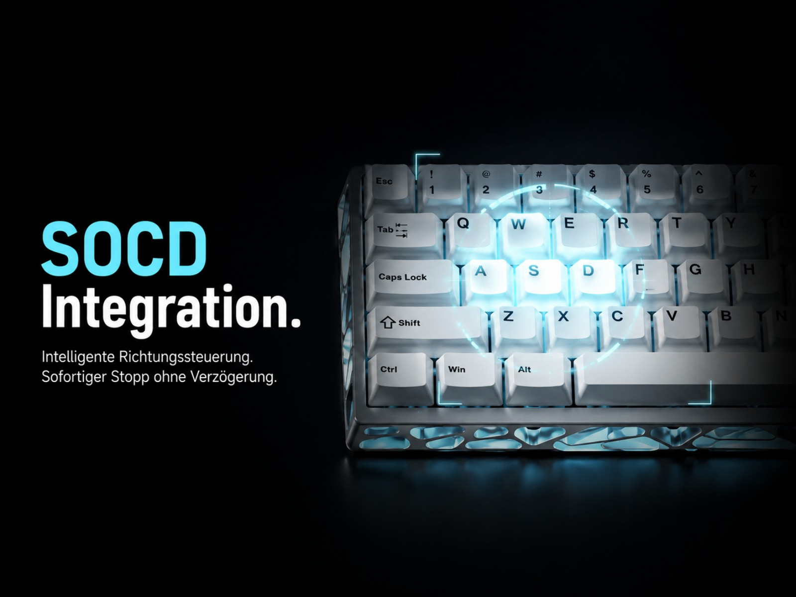 Eine weiße Tastatur mit blauer Beleuchtung und Text. "SOCD Integration."