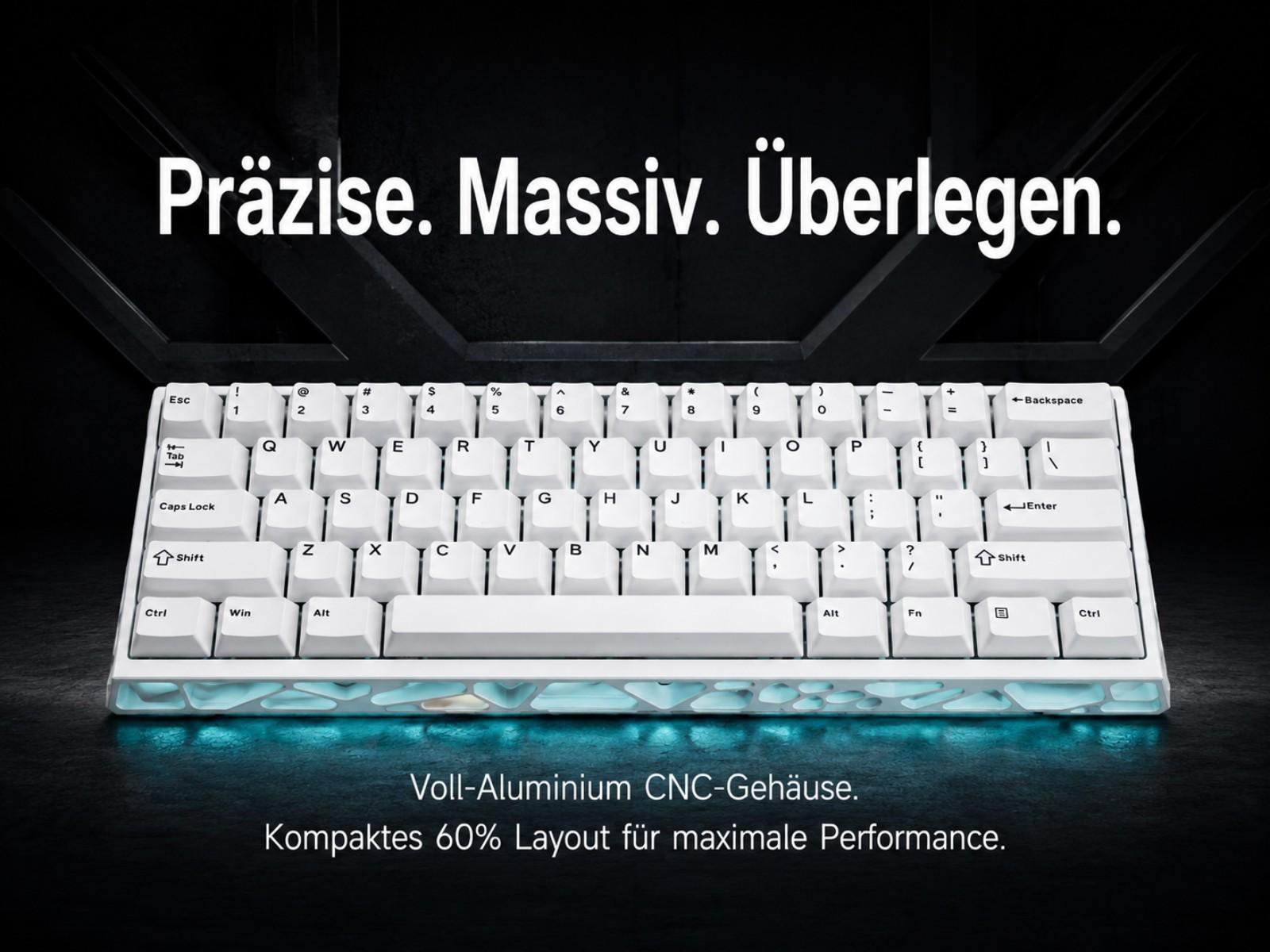 Weiße Tastatur mit Voll-Aluminium CNC-Gehäuse und blau beleuchtetem Unterboden.