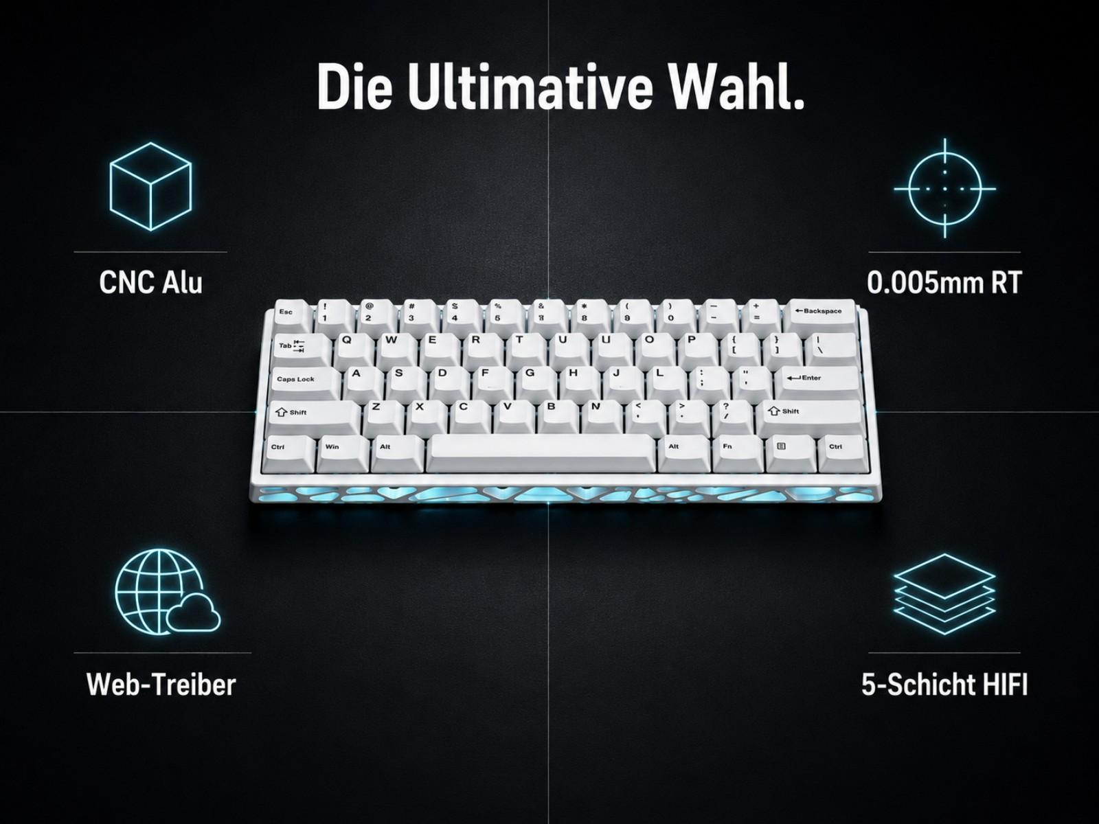Weiße Tastatur mit deutschen Beschriftungen und blauer Beleuchtung. Features: CNC Alu, 0,005mm RT, Web-Treiber, 5-Schicht HIFI.