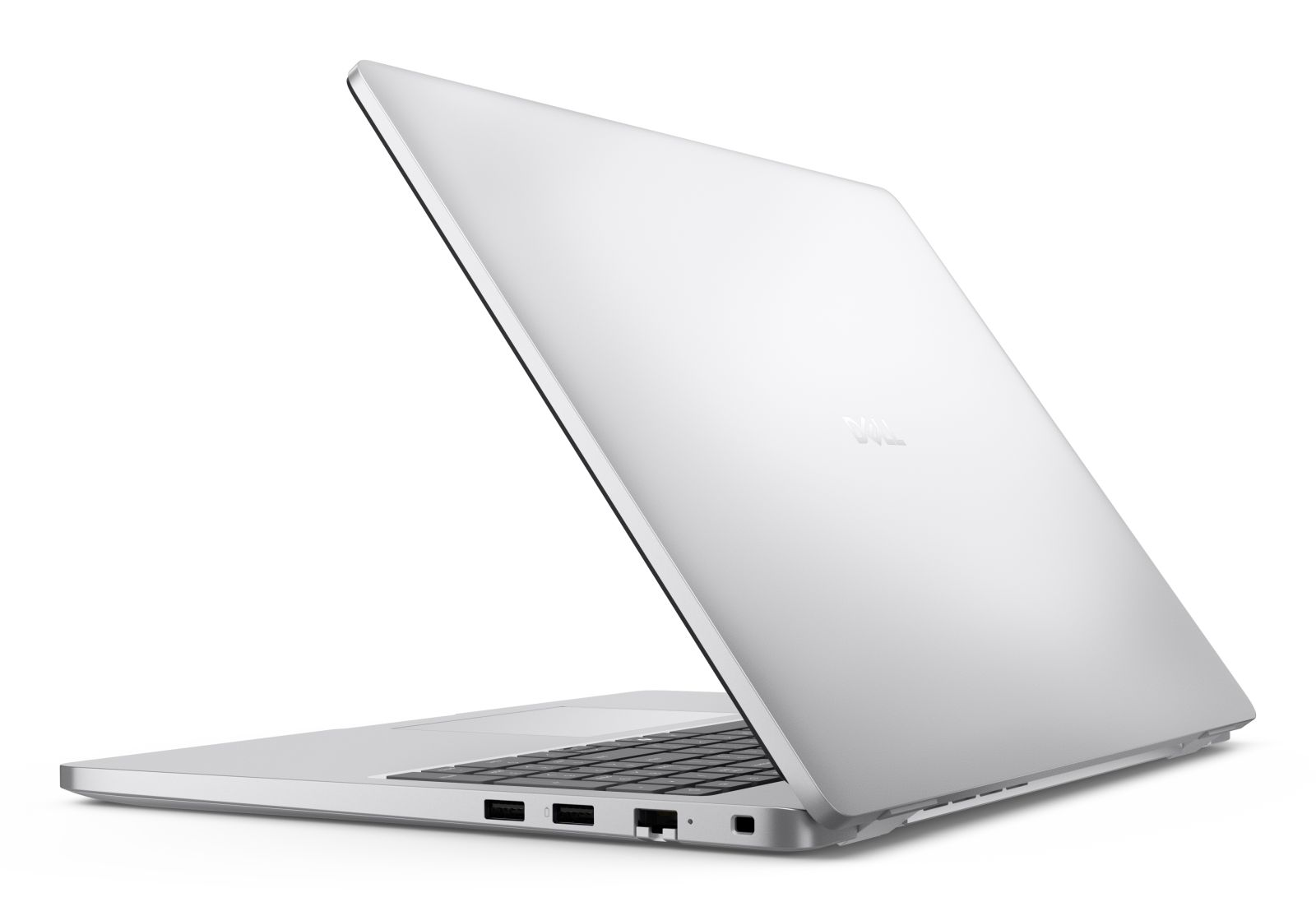Ein silberner Dell Laptop, von schräg hinten auf weißem Hintergrund.
