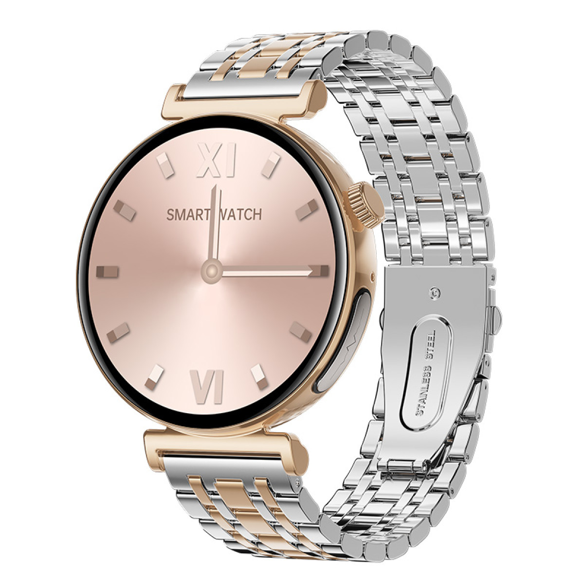 Rundes Smartwatch-Zifferblatt mit roségoldfarbenem Finish und bicolor-Armband.