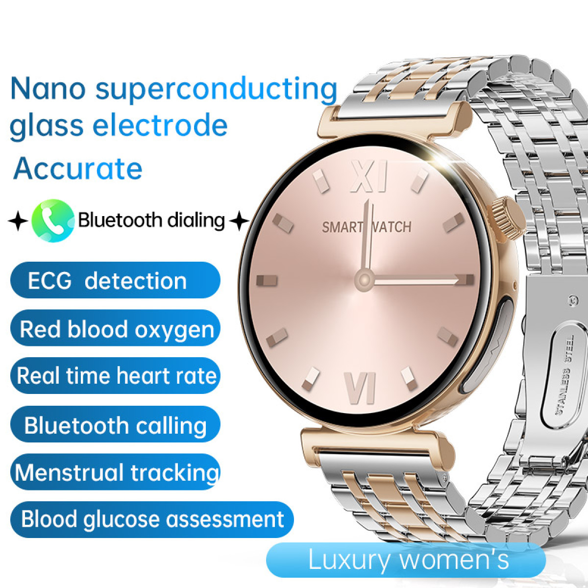 Eine goldene Smartwatch mit silbernem Armband, die ECG, Blutsauerstoff & Herzfrequenz misst.