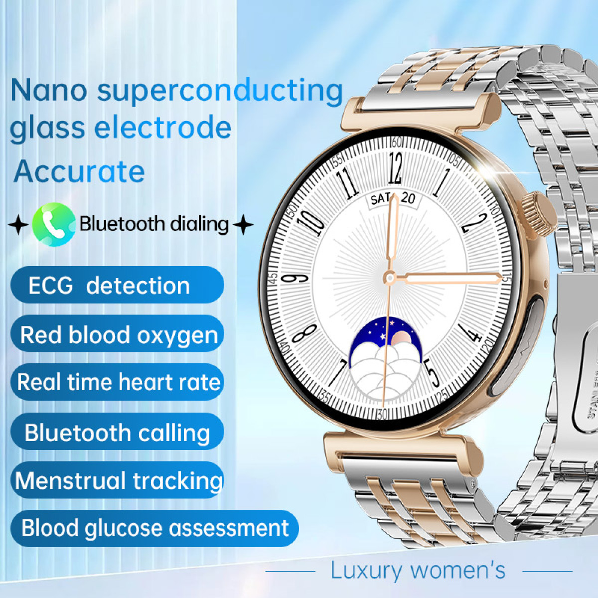 Gold- und silberne Smartwatch mit EKG, Blutsauerstoff, Herzfrequenz und mehr.