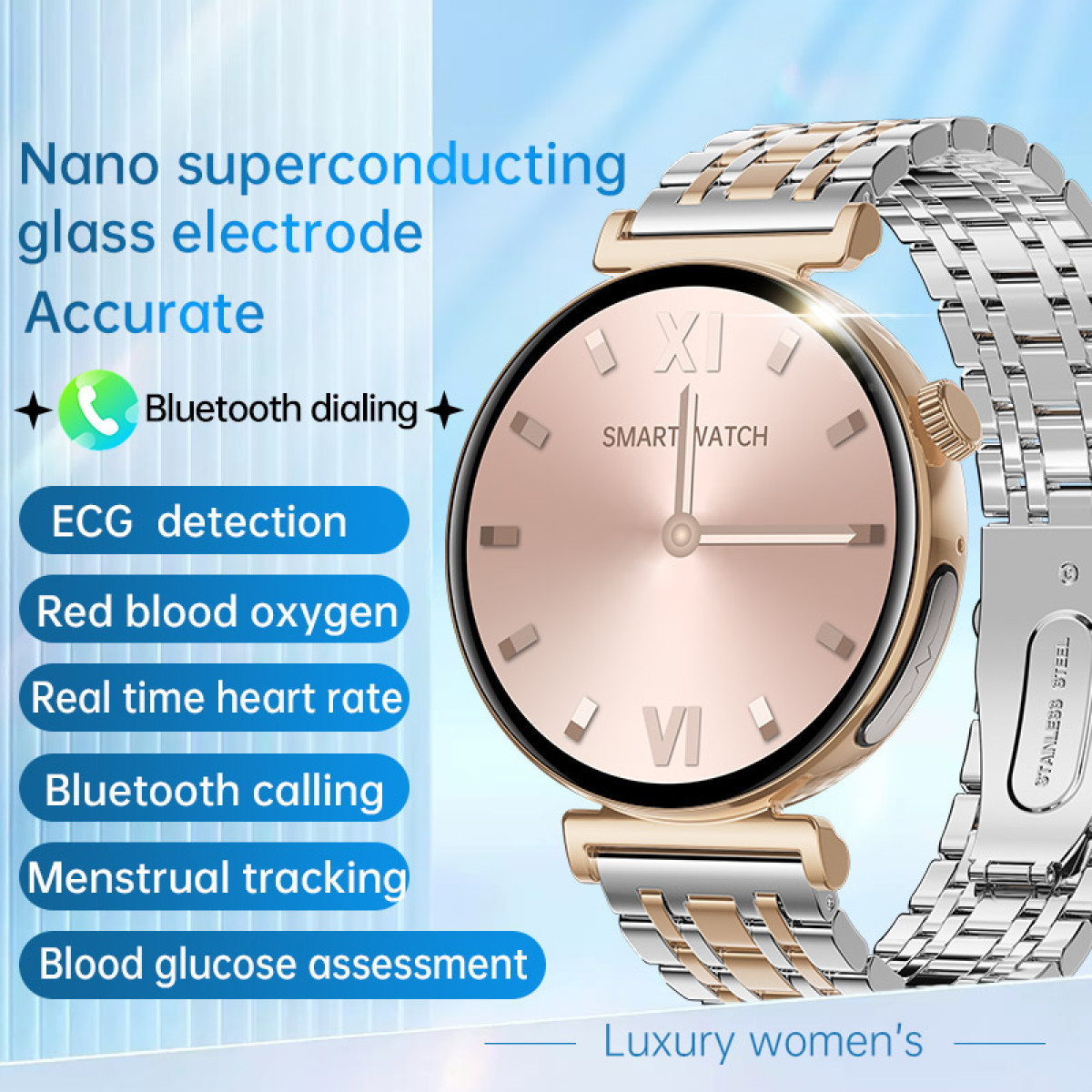 Smartwatch mit roséfarbenem Zifferblatt und zweifarbigem Armband. Funktionen: