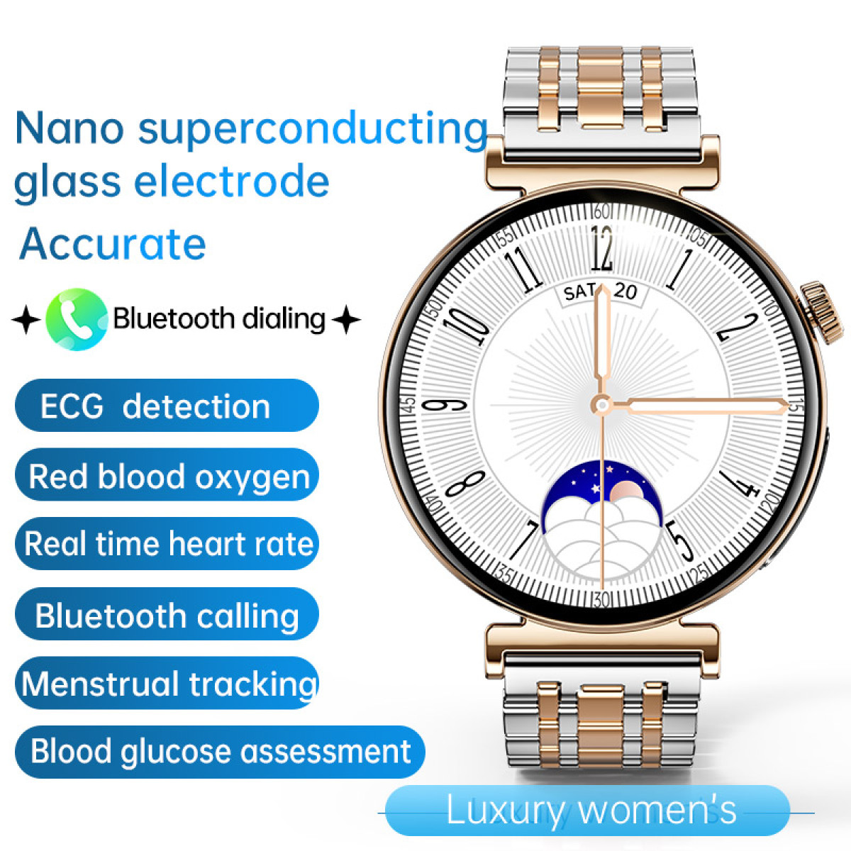 Eine Smartwatch mit silber-goldenem Armband und vielen Gesundheitsfunktionen.