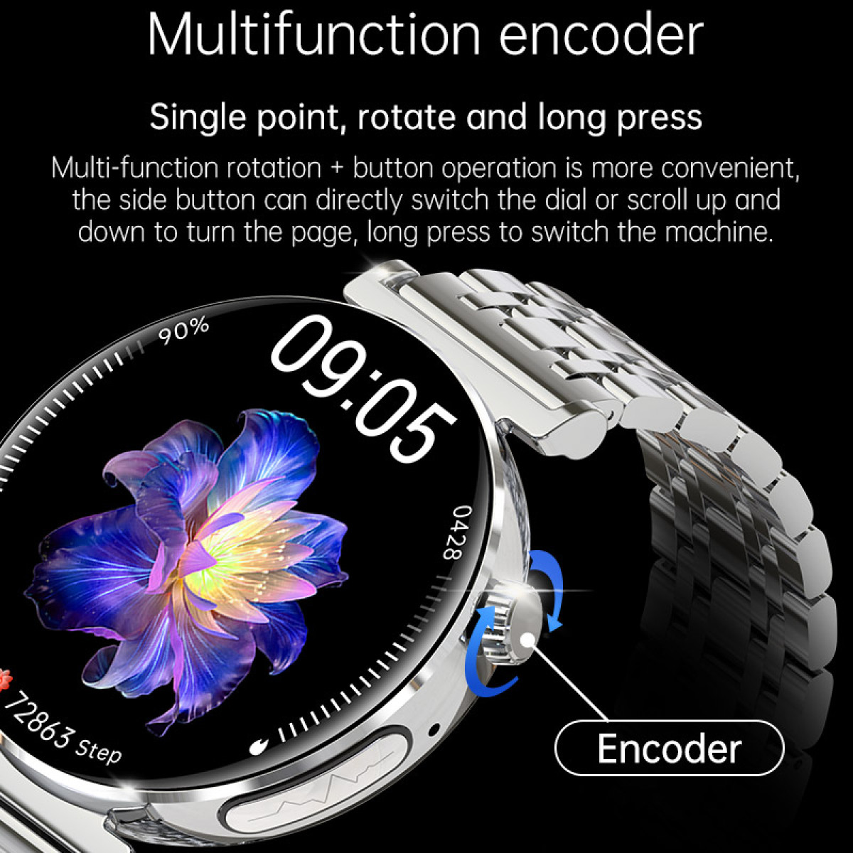 Eine silberne Smartwatch zeigt 9% Akku, 09:05 Uhr, 72863 Schritte und eine Blume.