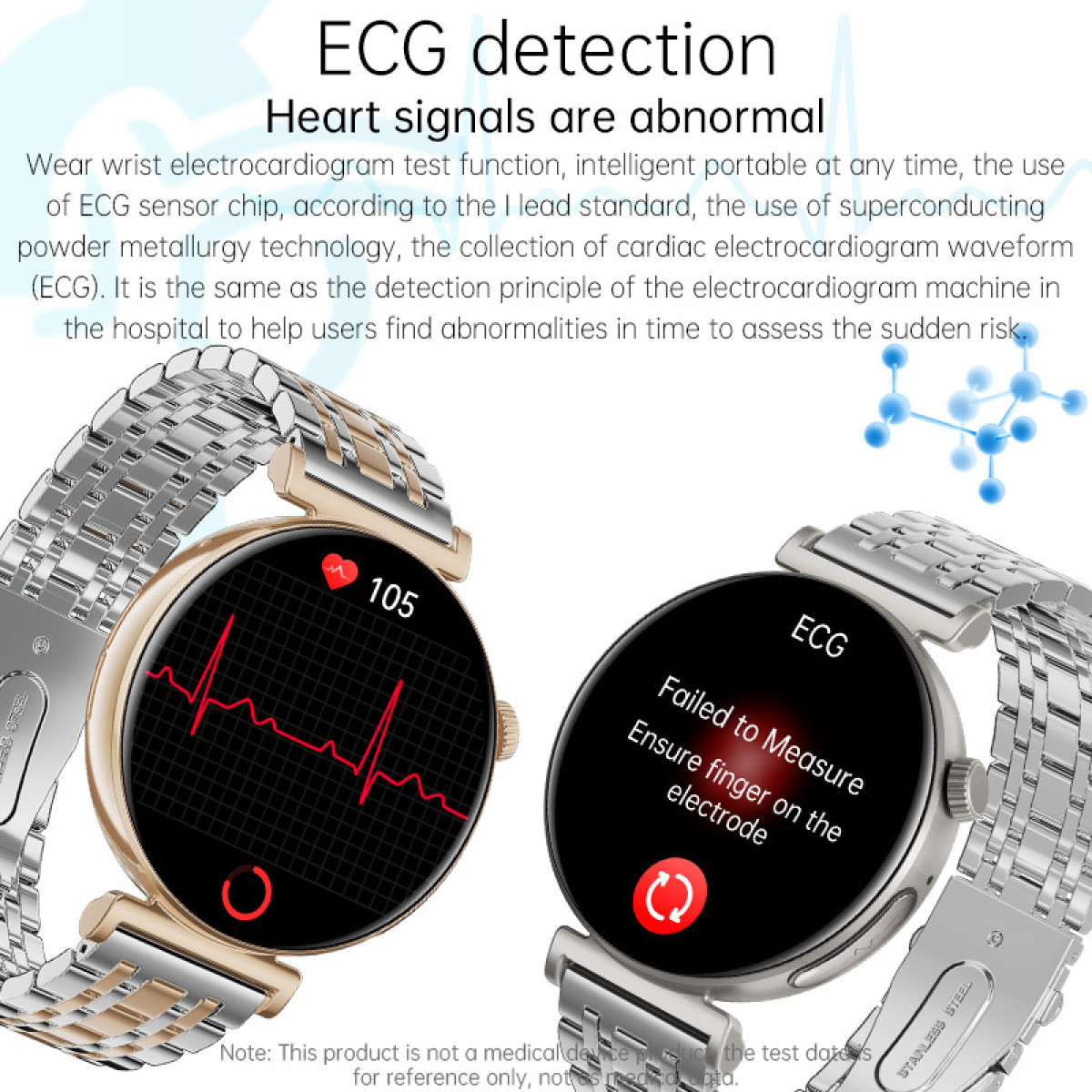 Zwei Smartwatches zeigen EKG-Daten an, eine mit Herzfrequenz 105, die andere mit Fehlermeldung.