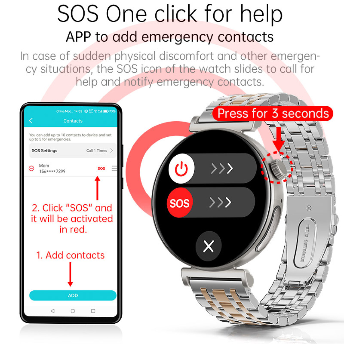 Smartwatch zeigt SOS-Funktion und Telefonbildschirm zum Hinzufügen von Kontakten.