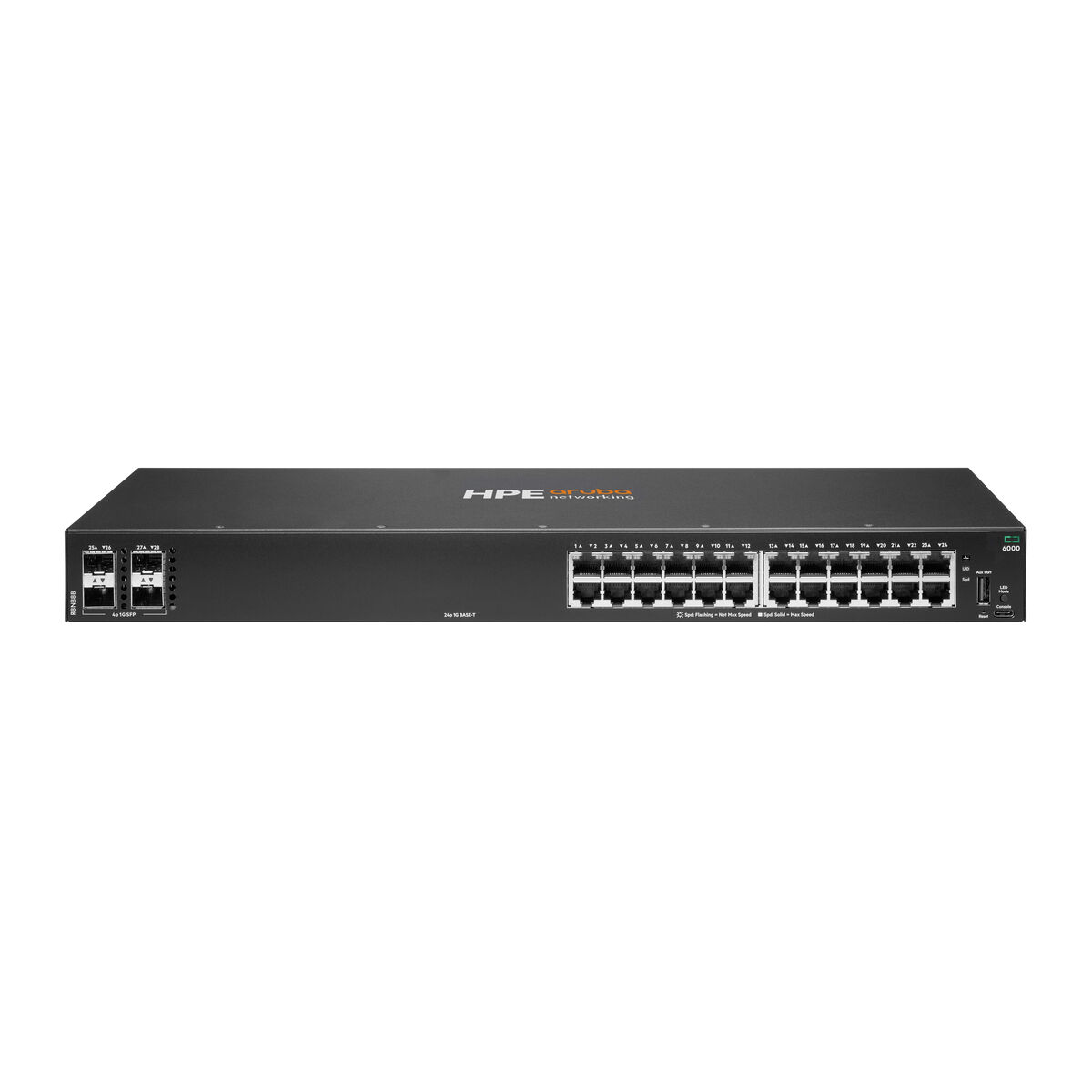 Switch di rete HPE Aruba 6000 nero con 24 porte Ethernet e 4 porte SFP.
