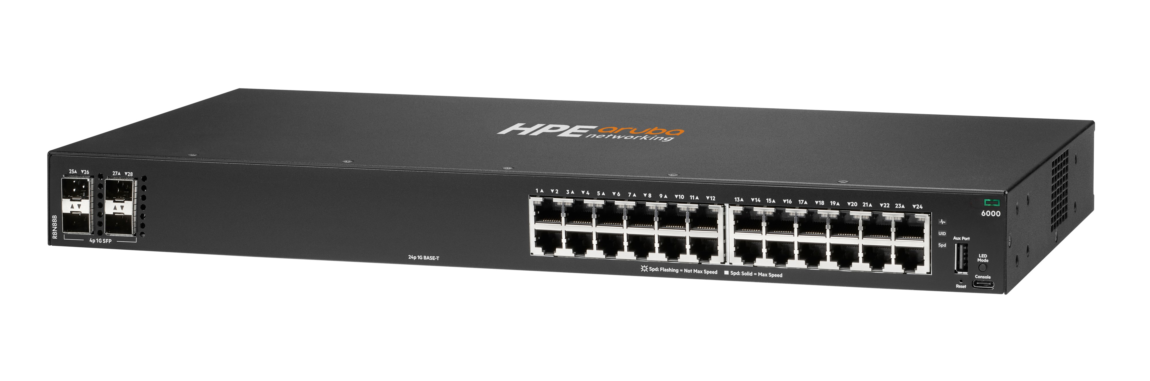 Switch di rete HPE Aruba nero con 24 porte Ethernet e 4 porte SFP.