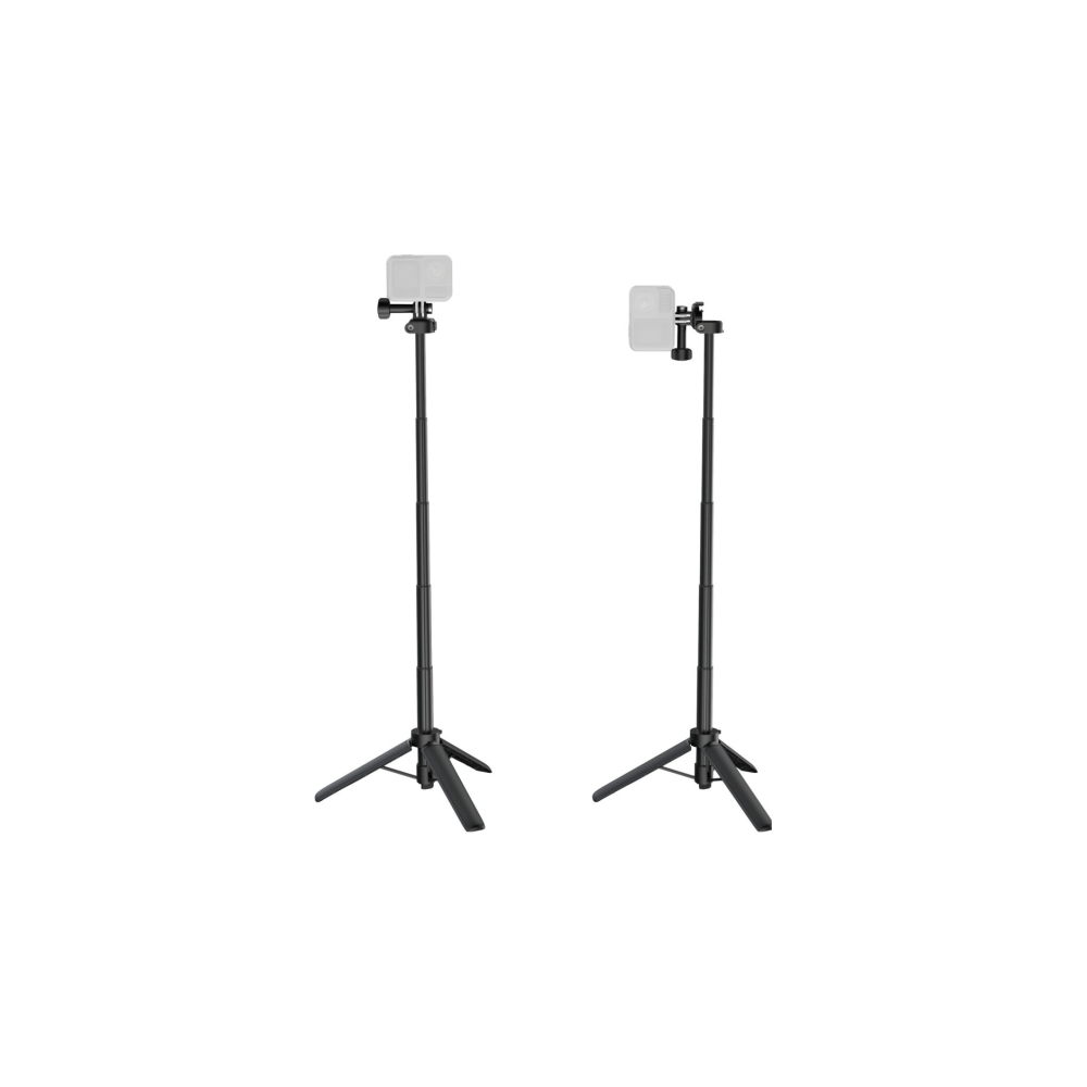 Due selfie stick neri con treppiedi e porta telefono su sfondo bianco.
