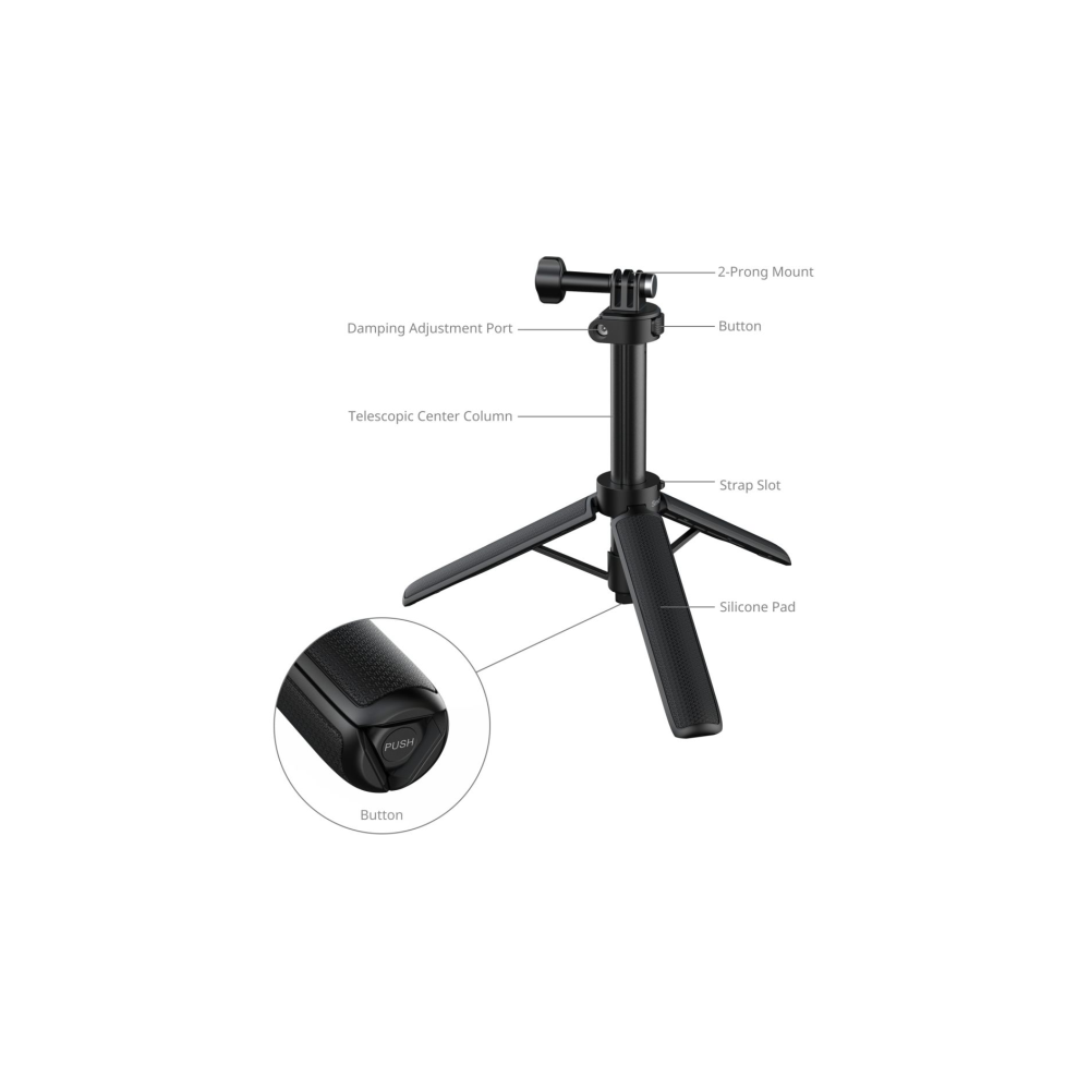 Un treppiede nero con attacco a 2 rebbi, colonna telescopica e piedini in silicone.