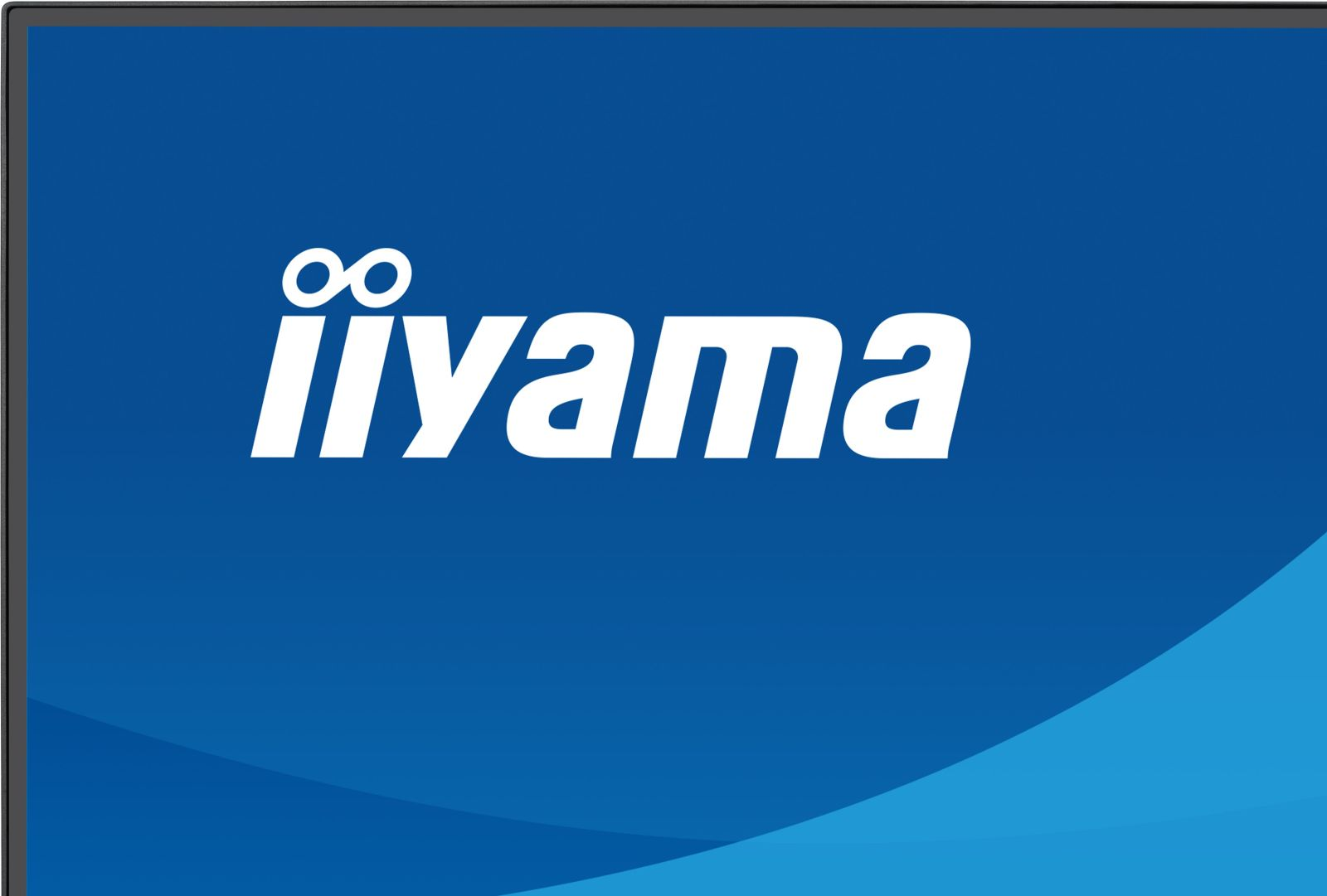 Het Iiyama logo met een oneindigheidssymbool boven de tekst op een blauwe achtergrond.