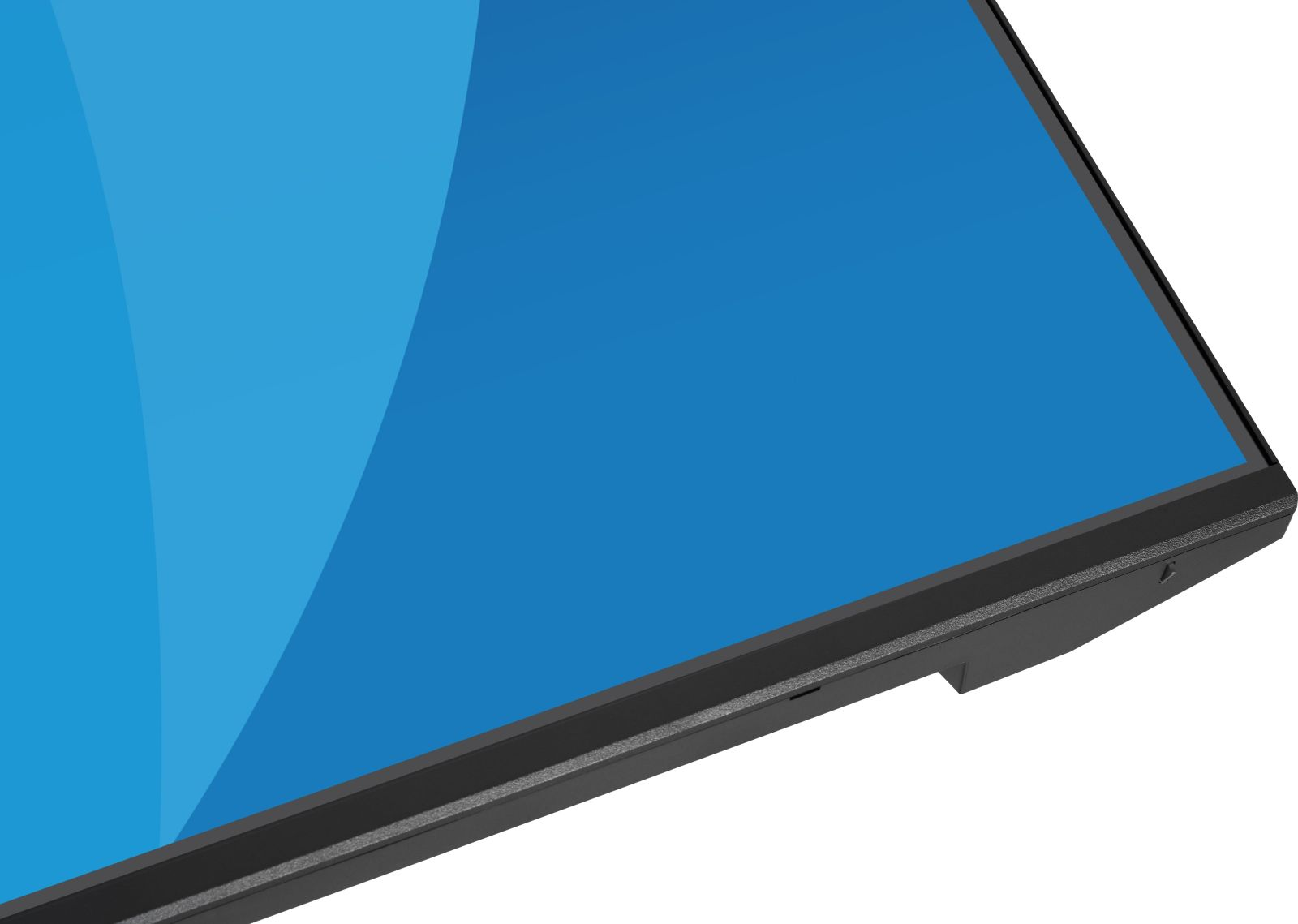 Close-up van een zwarte monitor met blauw scherm en gebogen lijnen.