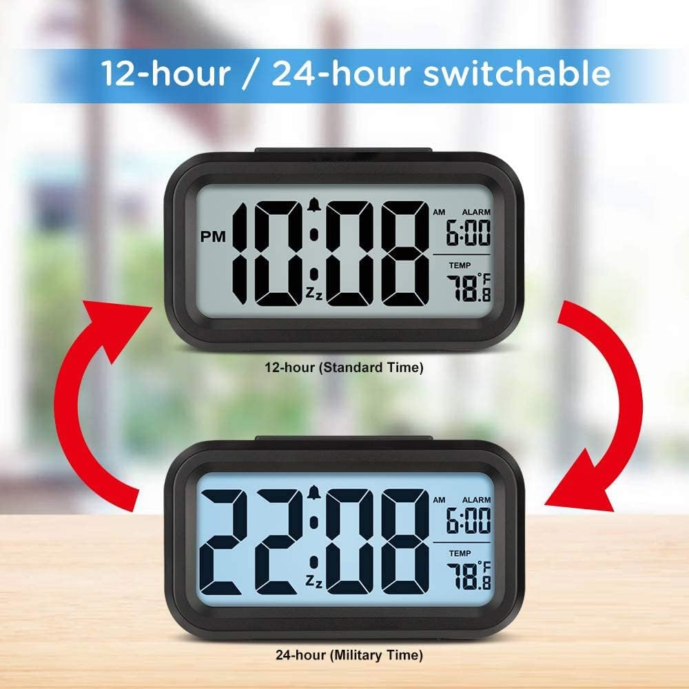 Zwei digitale Uhren zeigen 12- und 24-Stunden-Formate an. Beide zeigen 6:00 Alarm und 78.8°F Temperatur.
