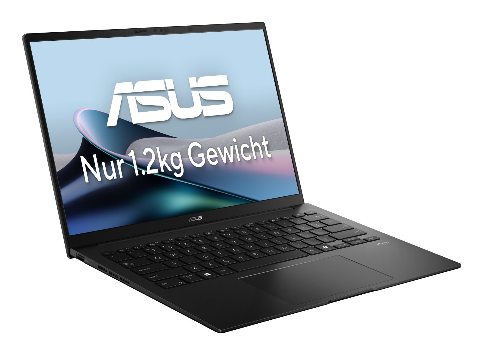 Schwarzer ASUS Laptop mit heller Tastatur und Schriftzug 'Nur 1.2kg Gewicht'.