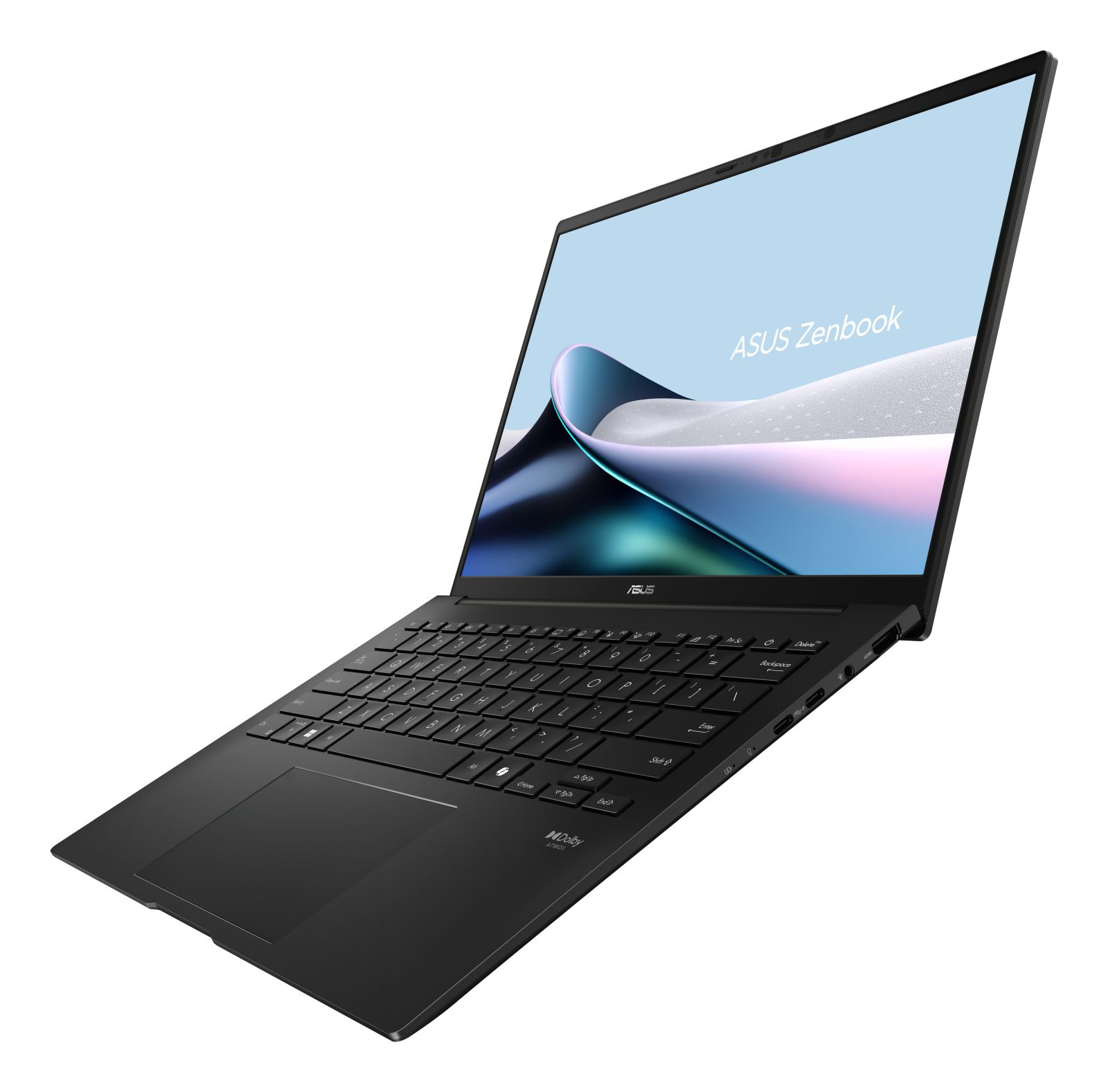 Schwarzer ASUS Zenbook Laptop mit beleuchteter Tastatur und abstraktem Hintergrund.
