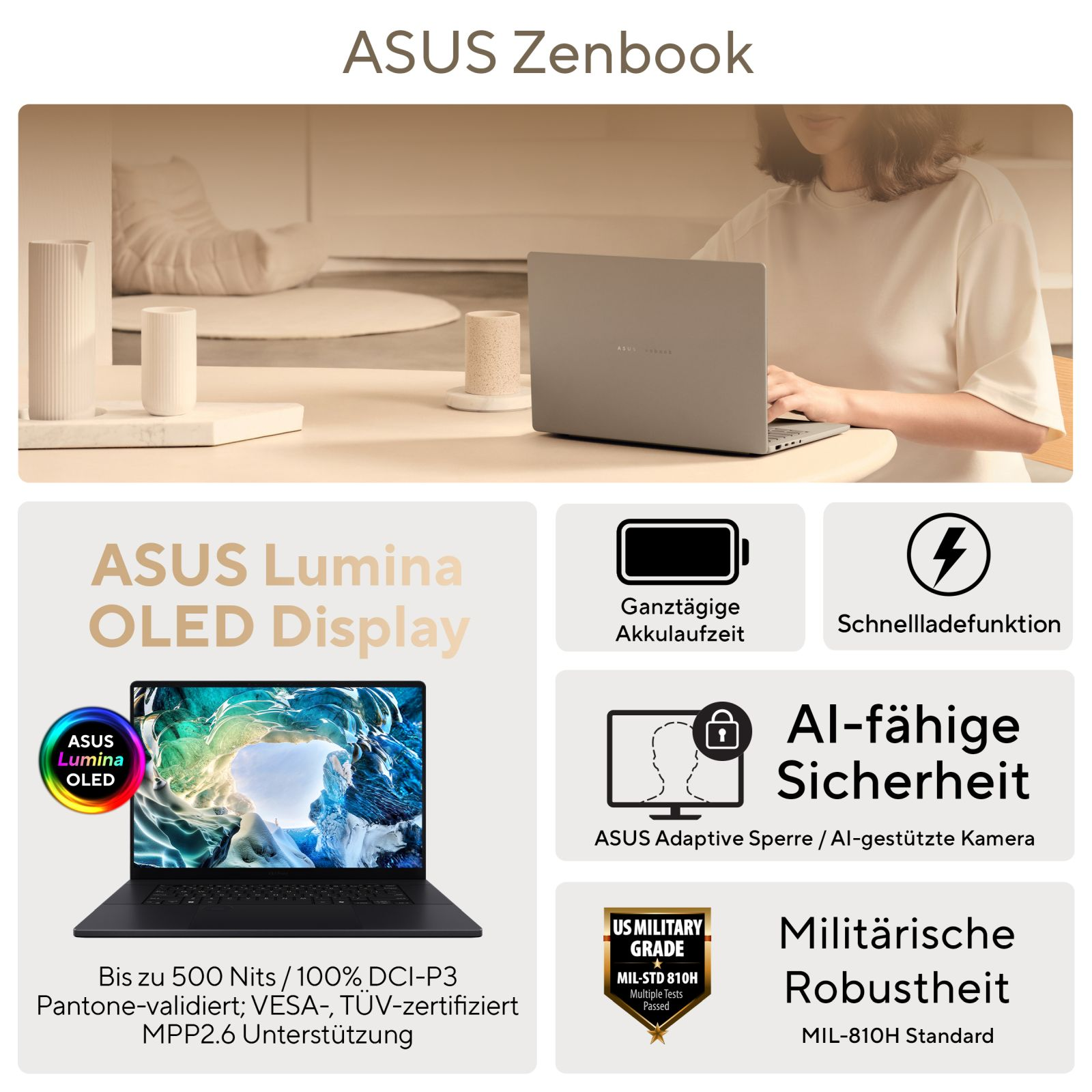 ASUS Zenbook Laptop mit Lumina OLED Display, ganztägiger Akkulaufzeit und KI-Sicherheit.