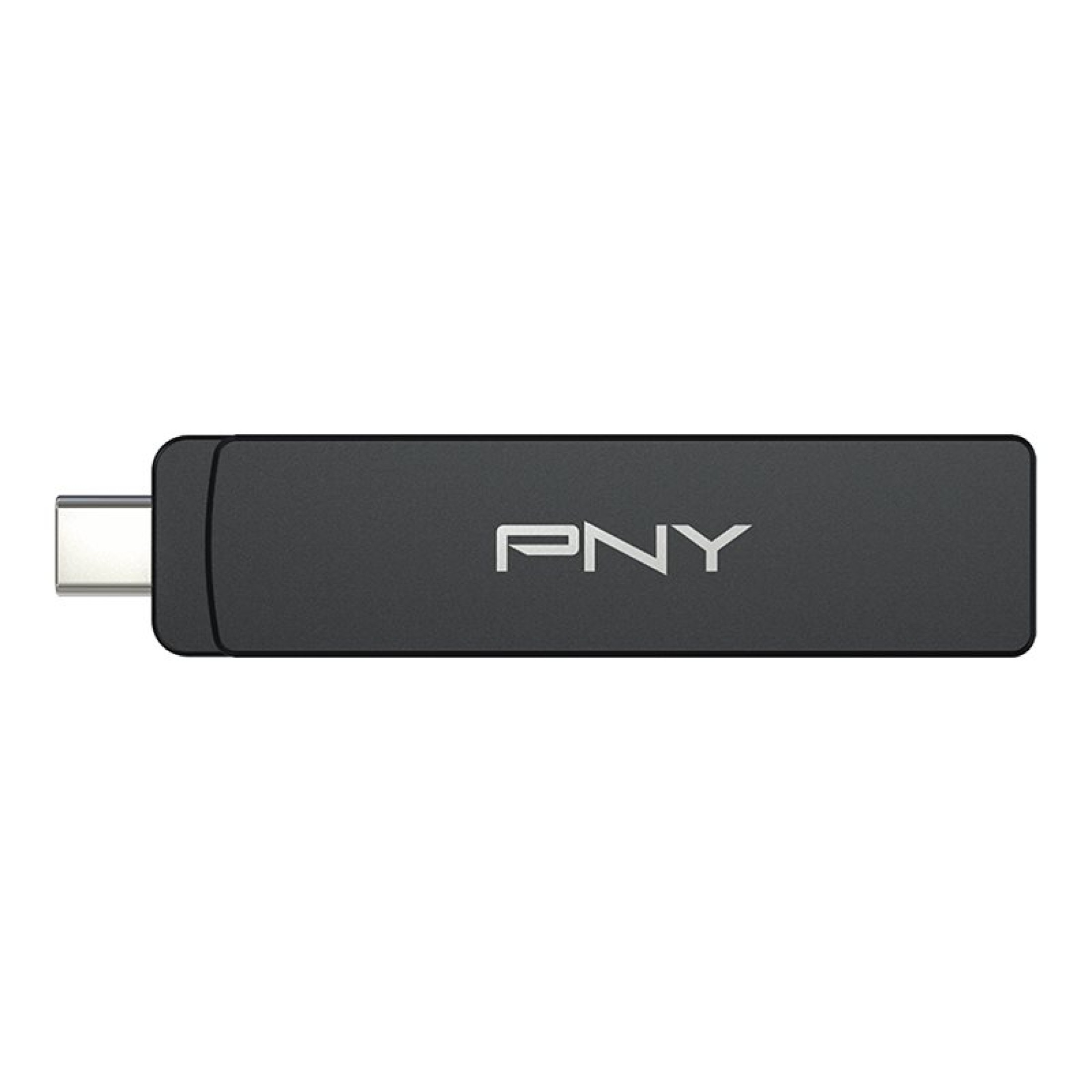 Chiavetta USB-C nera con connettore argento e logo PNY.