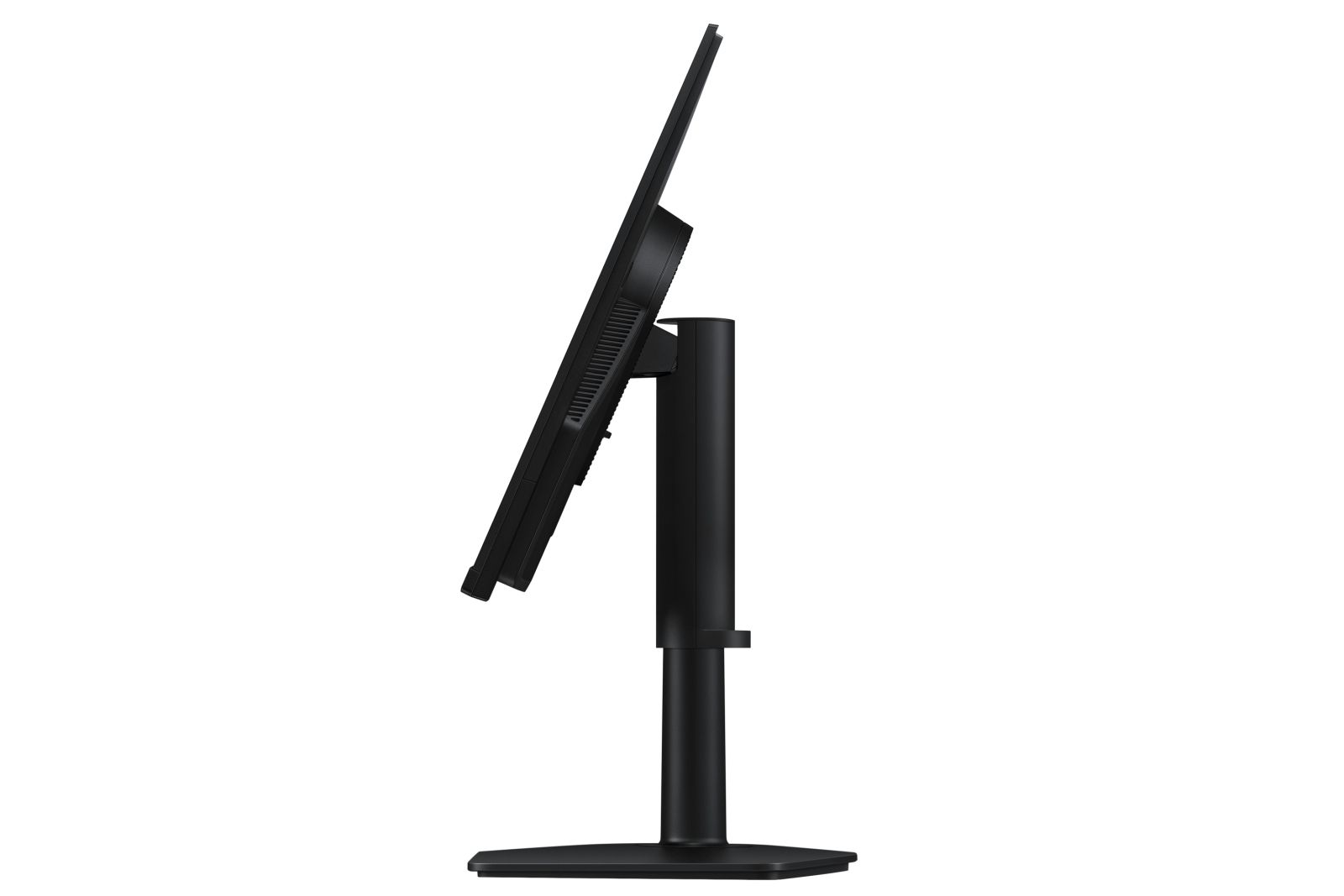 Un monitor nero su un supporto, visto di lato.
