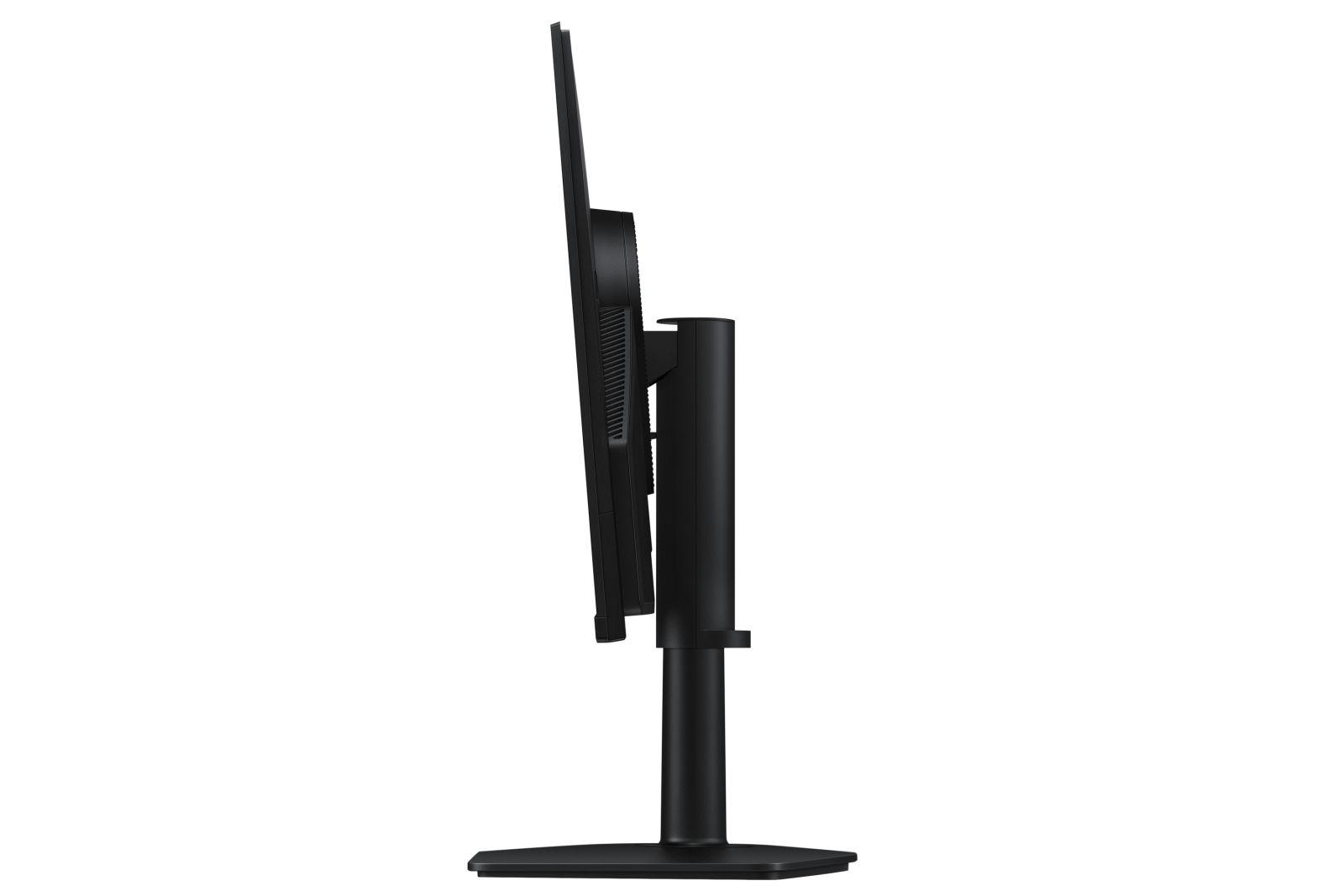 Monitor nero con cornice sottile, vista laterale, su supporto.