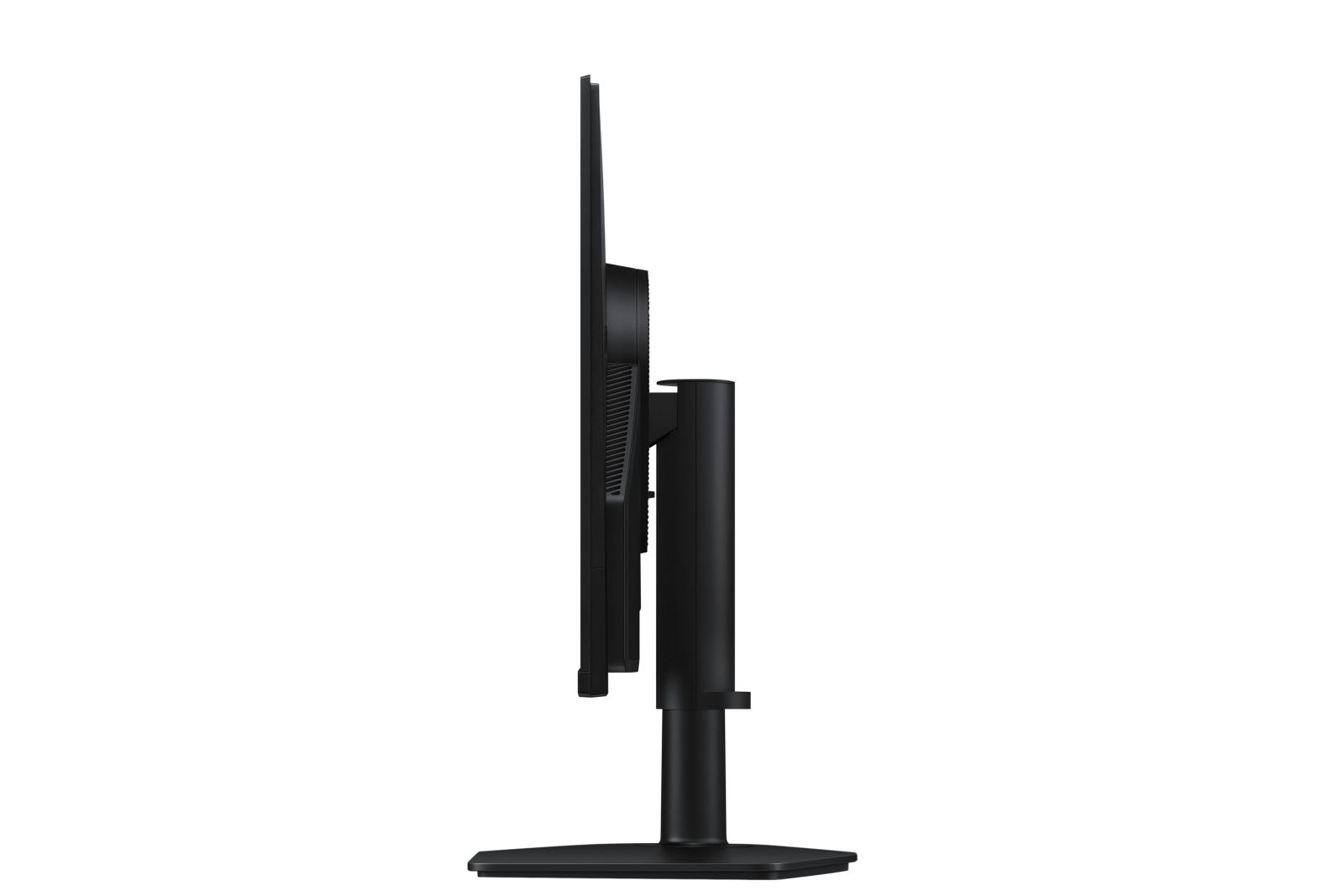 Monitor per computer nero su supporto, visto di lato.