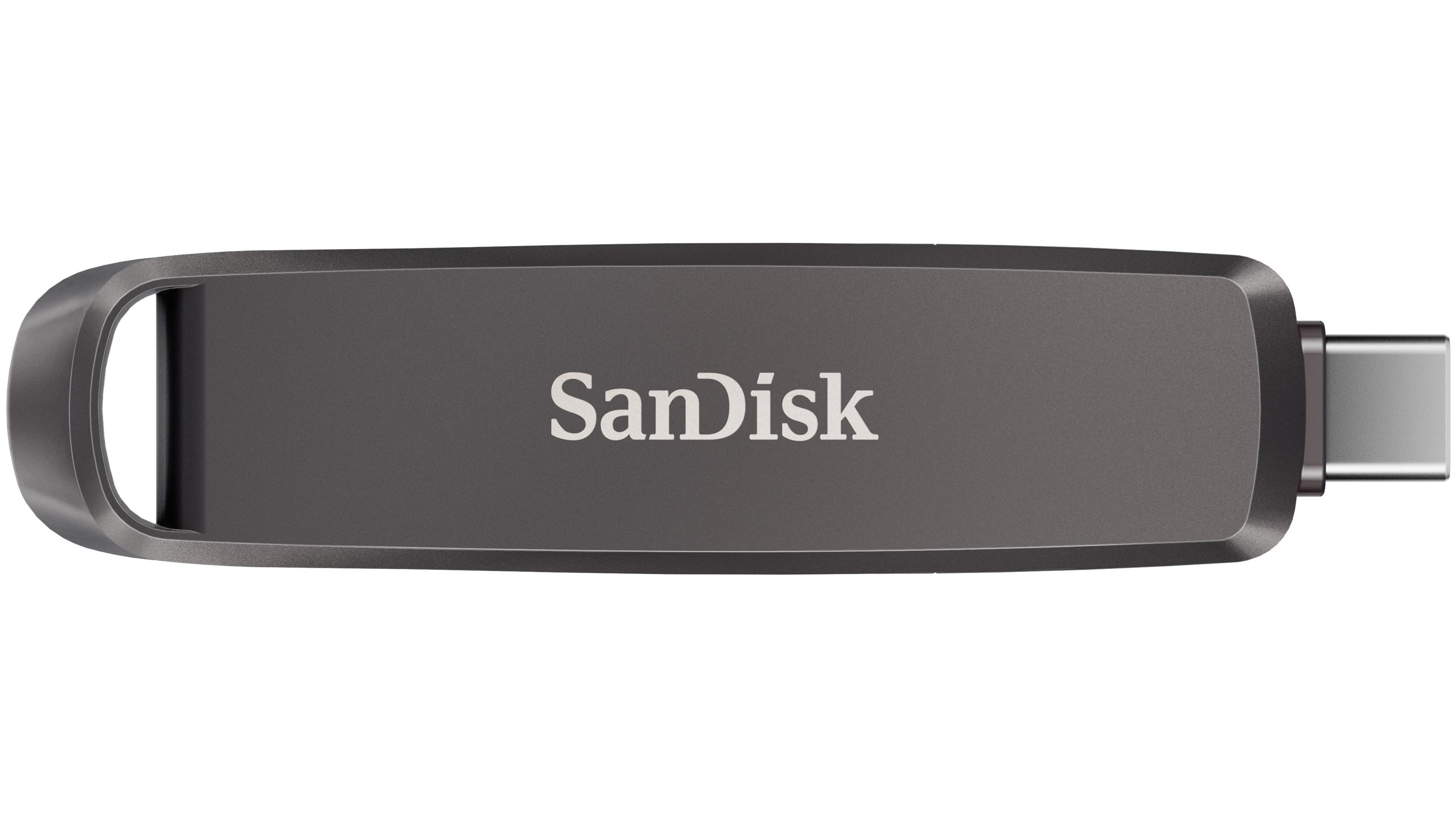 Ein dunkler USB-Stick mit dem Sandisk-Logo auf weißem Hintergrund.