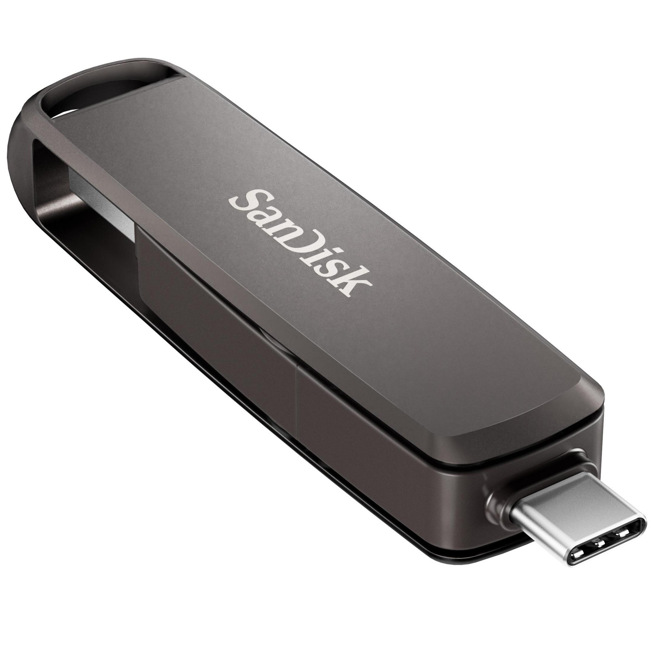 Grauer SanDisk USB-C-Stick mit ausziehbarem Anschluss und Schlaufe.