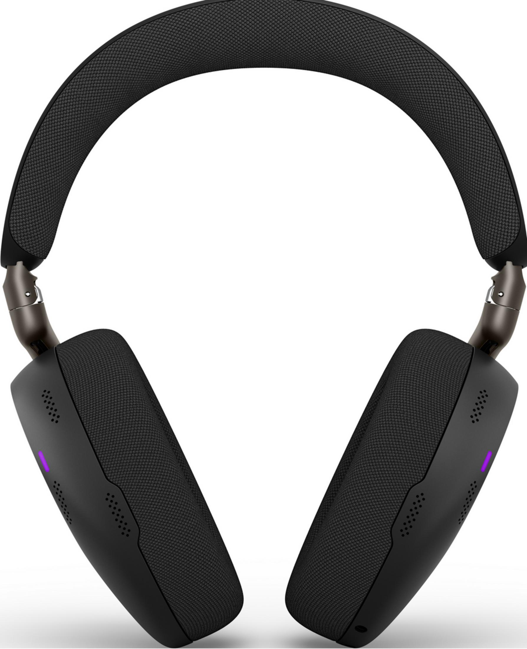 Schwarze Over-Ear-Kopfhörer mit gepolstertem Bügel und Ohrmuscheln. Lila Lichter.