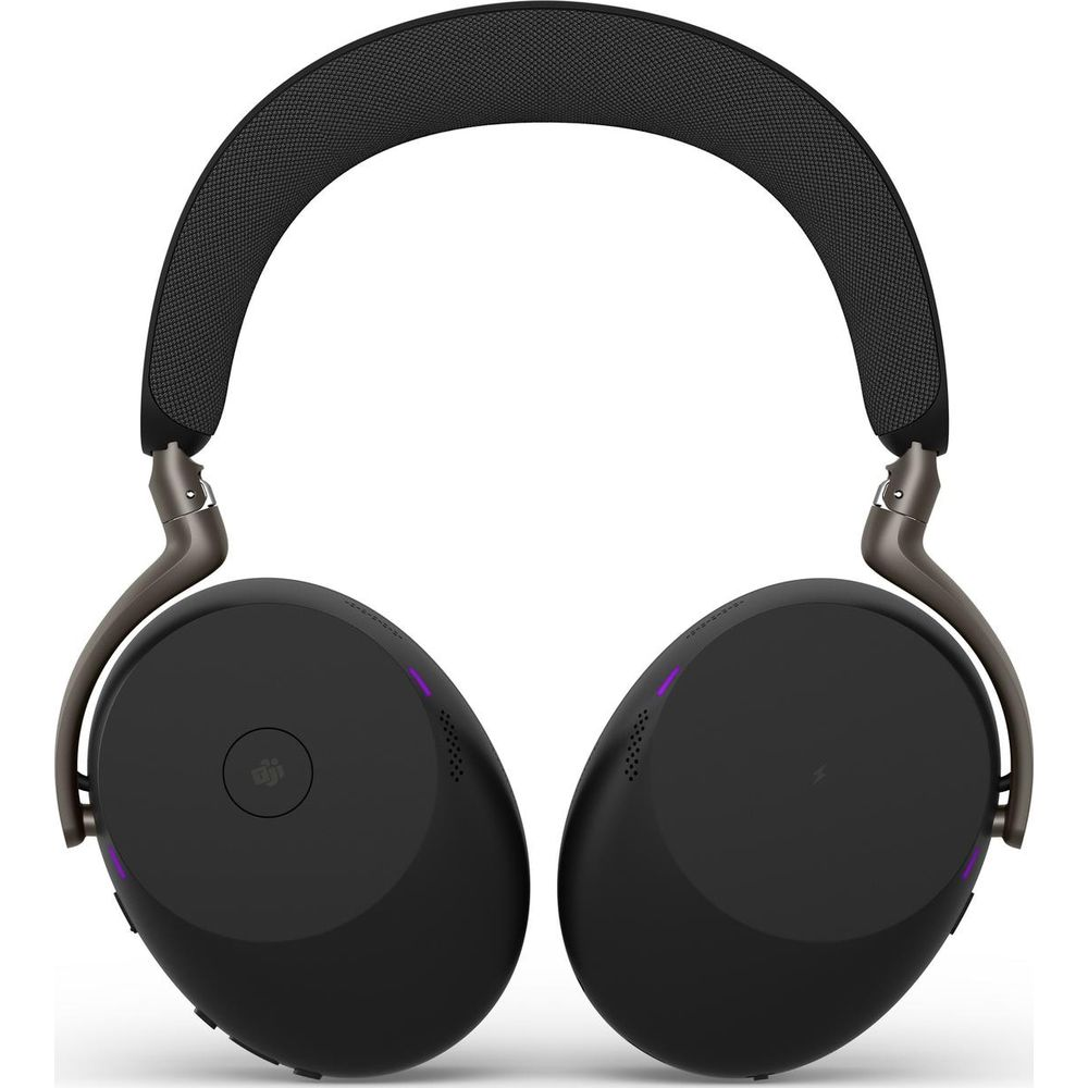 Schwarze Over-Ear-Kopfhörer mit silbernen Akzenten und violetter Beleuchtung.