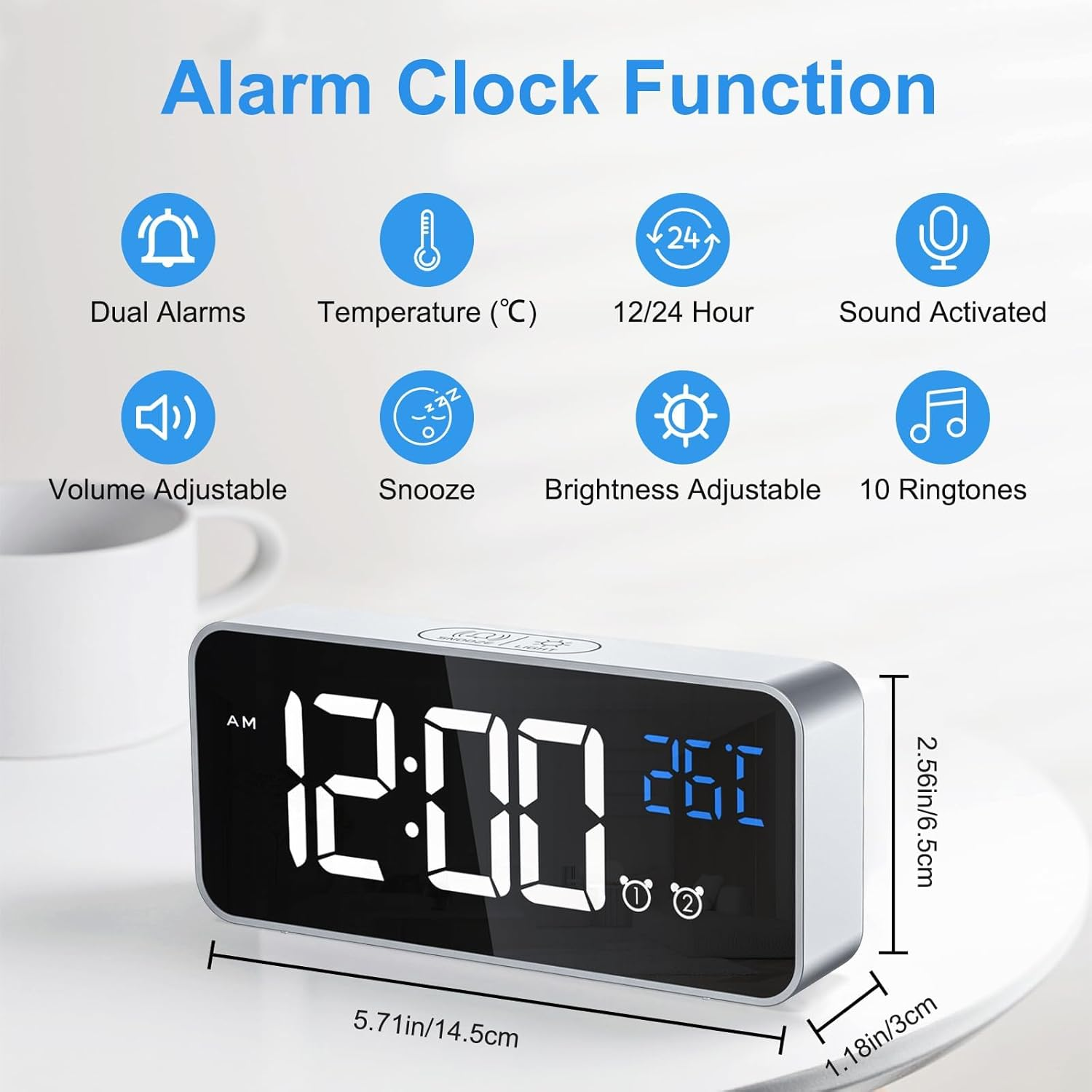 Digitaler Wecker zeigt 12:00 Uhr und 26C. Funktionen: Dual-Alarm, Temp, 12/24 Std., Ton, Lautstärke, Schlummer, Helligkeit, 10 Klingeltöne.