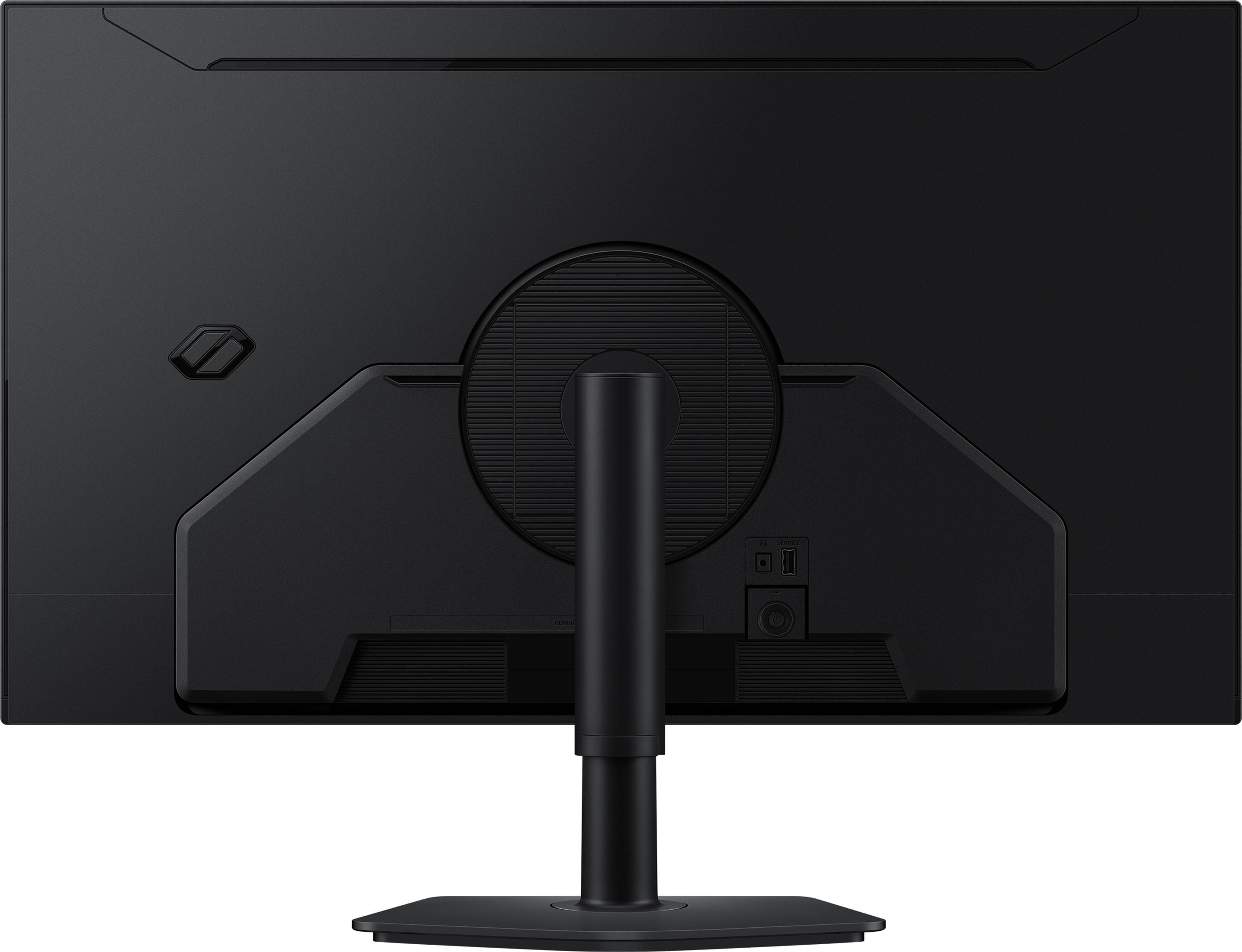 Vista posteriore di un monitor nero con supporto e porte.