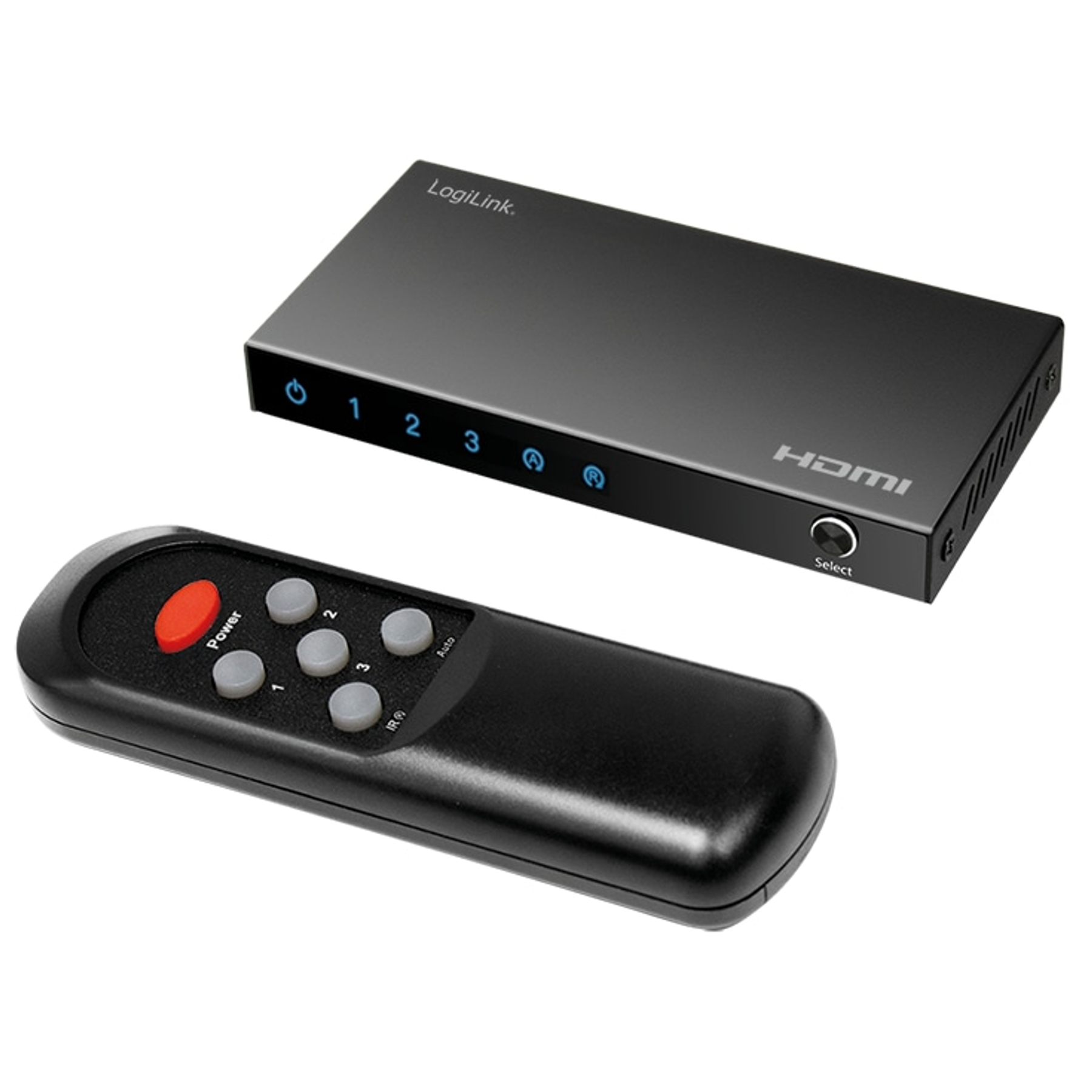 Uno splitter HDMI nero e un telecomando con pulsante di accensione rosso.