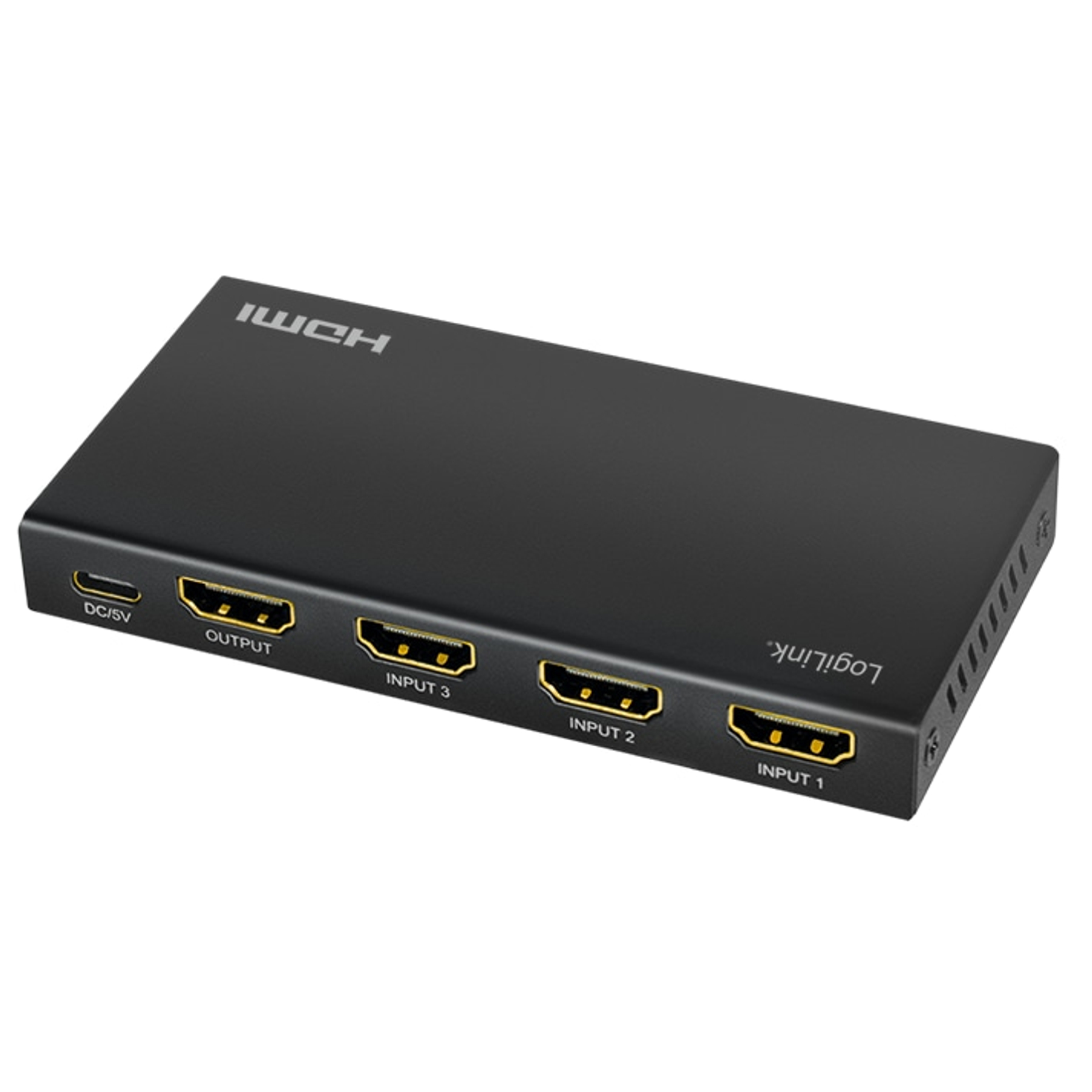 Switch HDMI nero con tre ingressi e un'uscita.