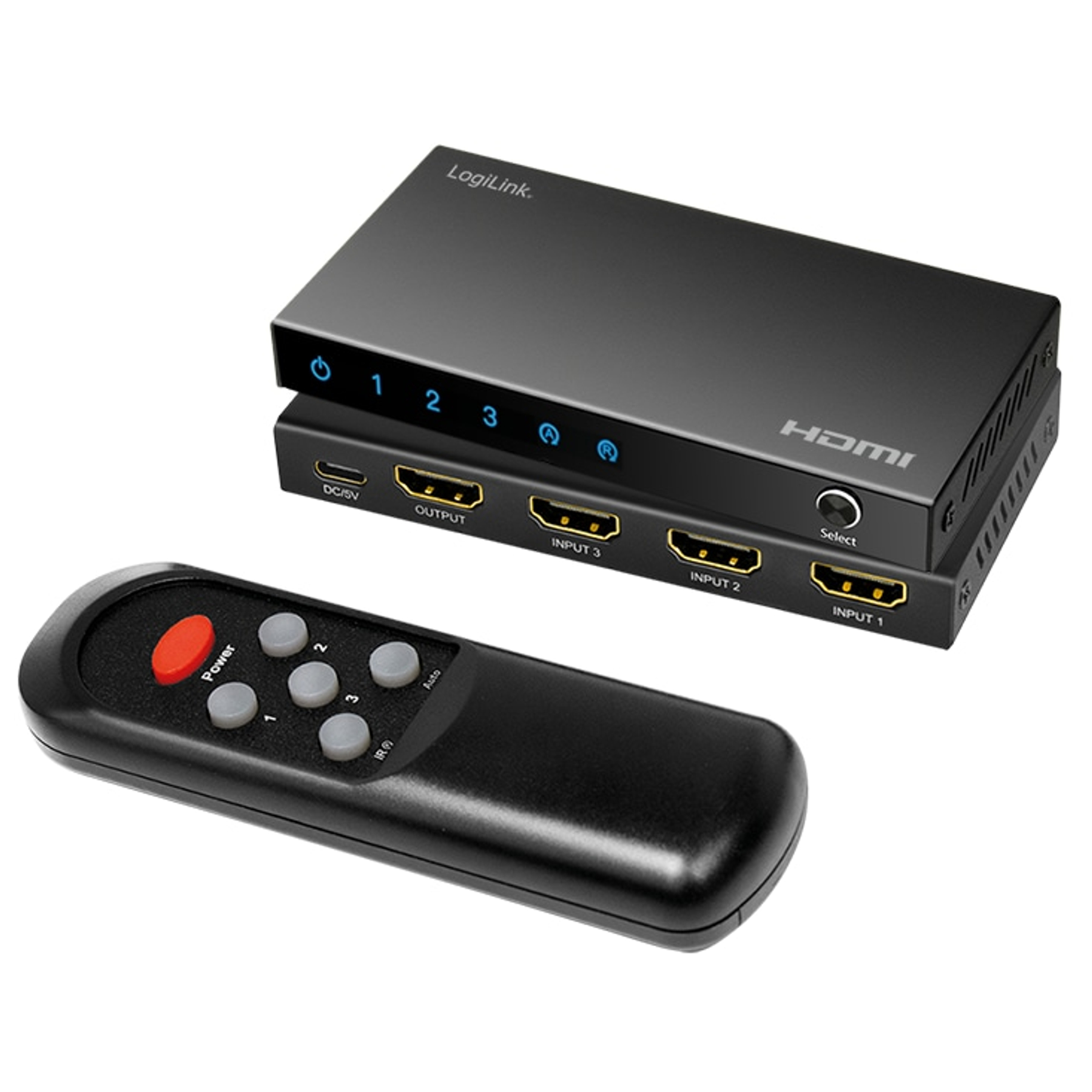 Uno switch HDMI nero con telecomando. Etichette: LogiLink, HDMI, DC/5V, Output, Input 1-3.