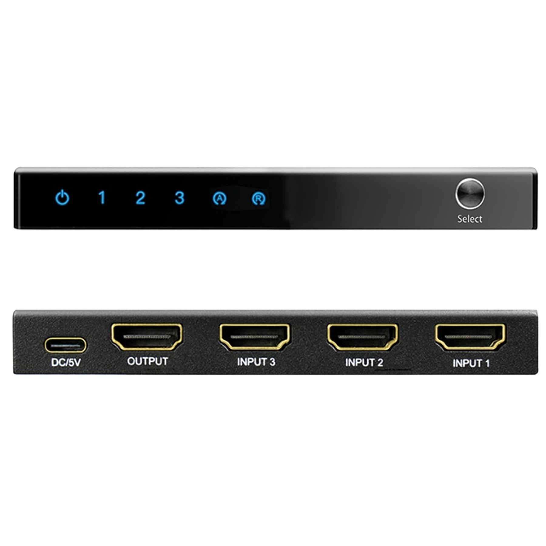 Uno switch HDMI nero 3 in 1 con indicatori e porte blu.