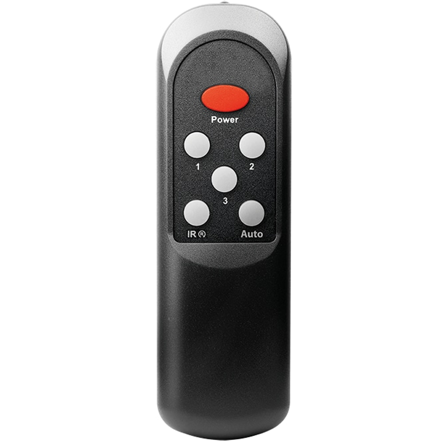 Telecomando nero con pulsante di accensione rosso e pulsanti bianchi.