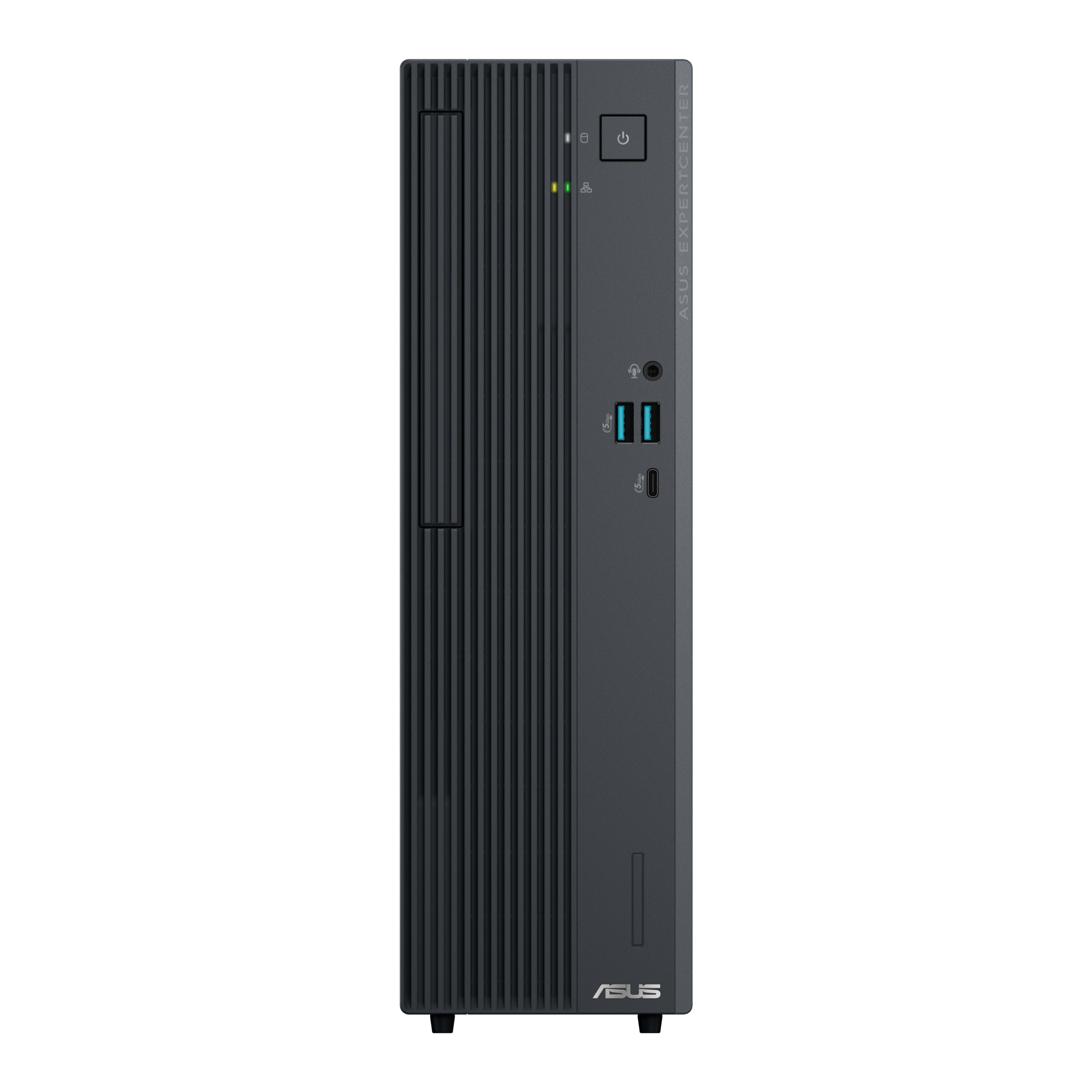 Un PC Asus ExpertCenter scuro con porte USB e pulsante di accensione.