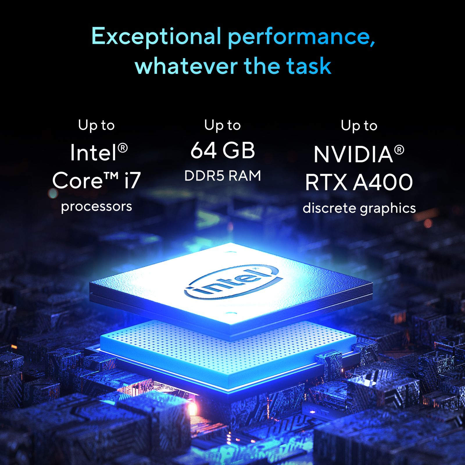 CPU Intel con 64 GB di RAM e grafica Nvidia RTX A400. Bagliore blu.