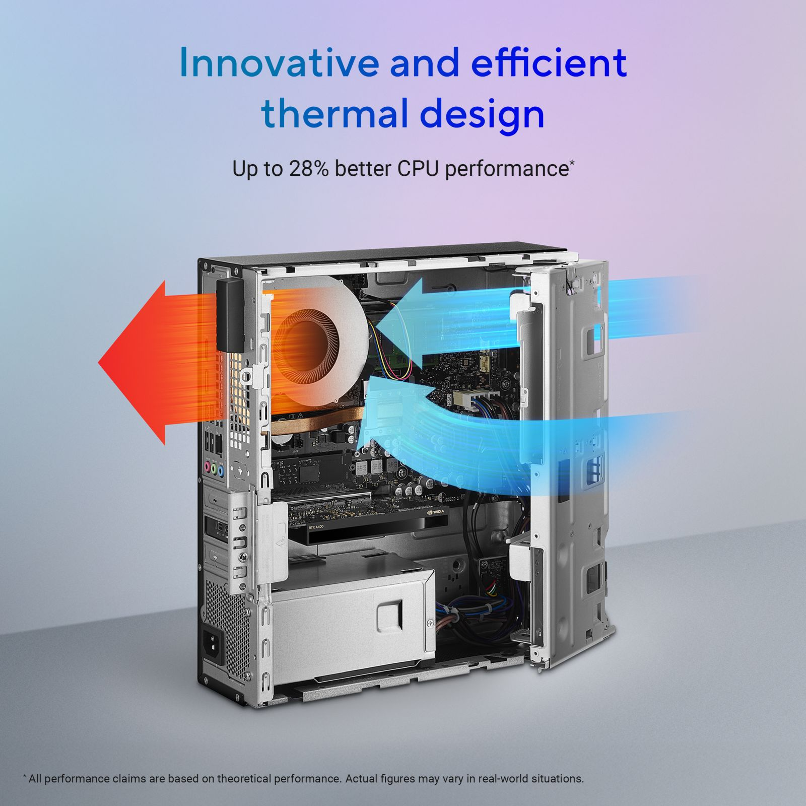 Un case PC che mostra componenti interni con frecce di flusso d'aria.