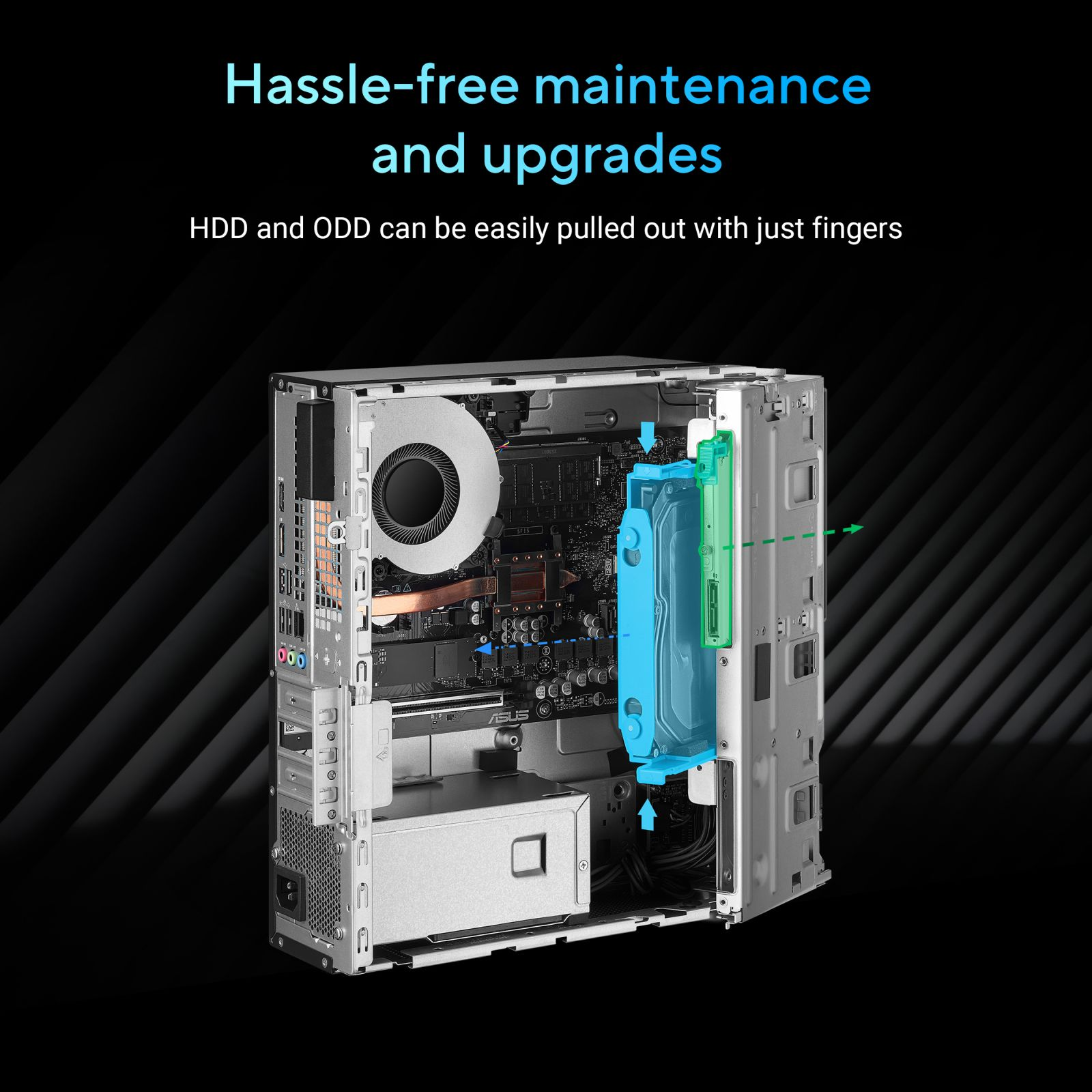 Case PC con alloggiamenti HDD e ODD rimovibili, che evidenziano il facile accesso.