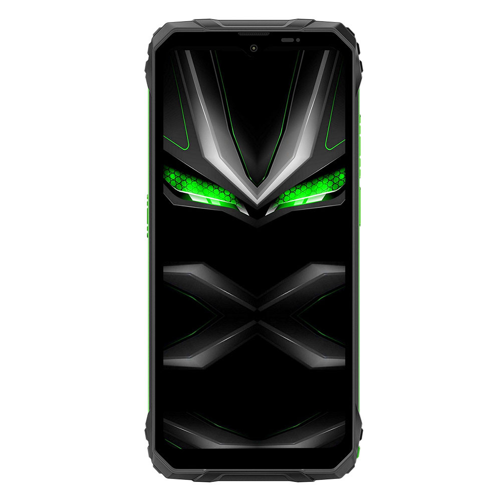 Uno smartphone robusto con design nero e verde e un simbolo "X" sullo schermo.
